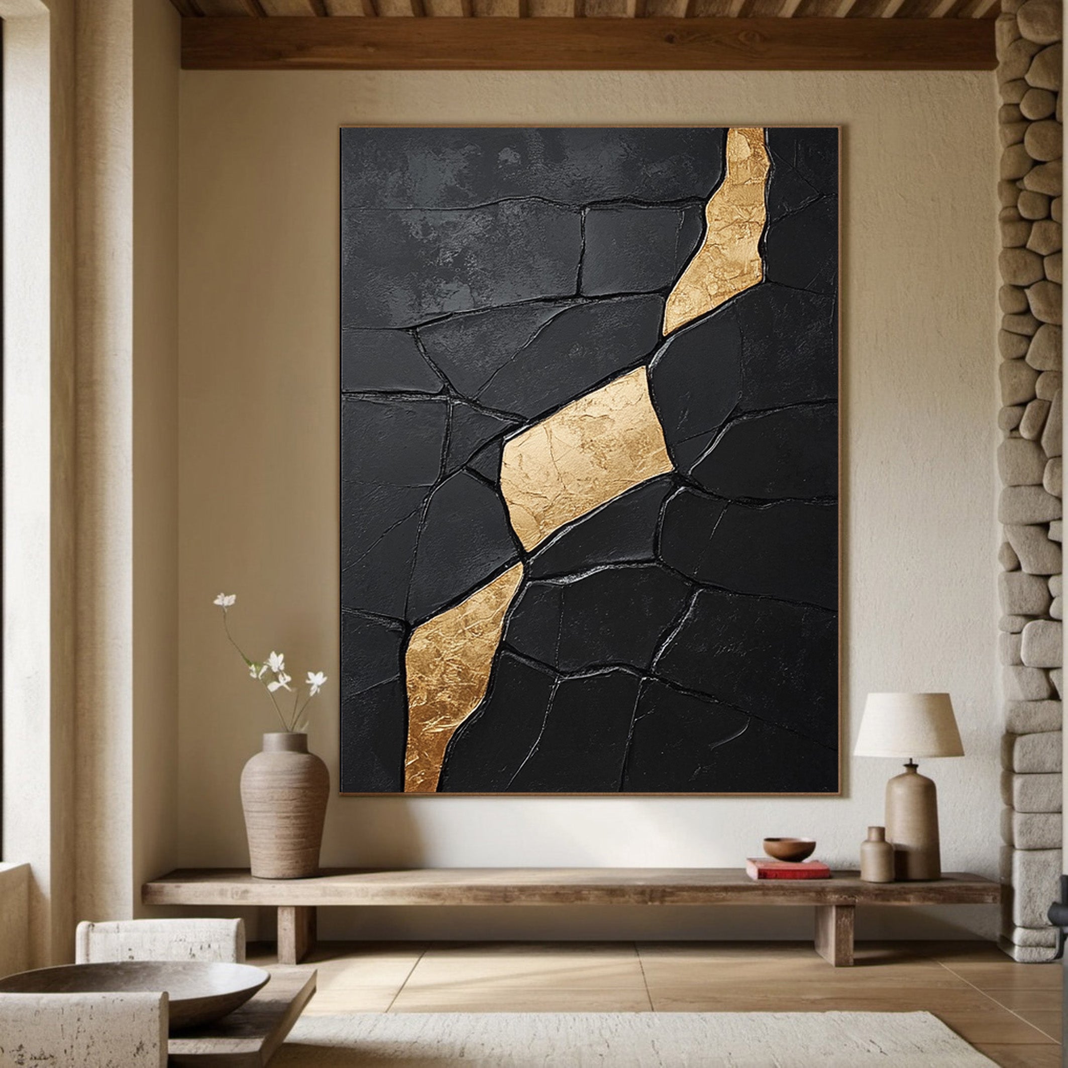 Gilded Incline: Textured Black Abstract with Diagonal Gold Vein #MM556