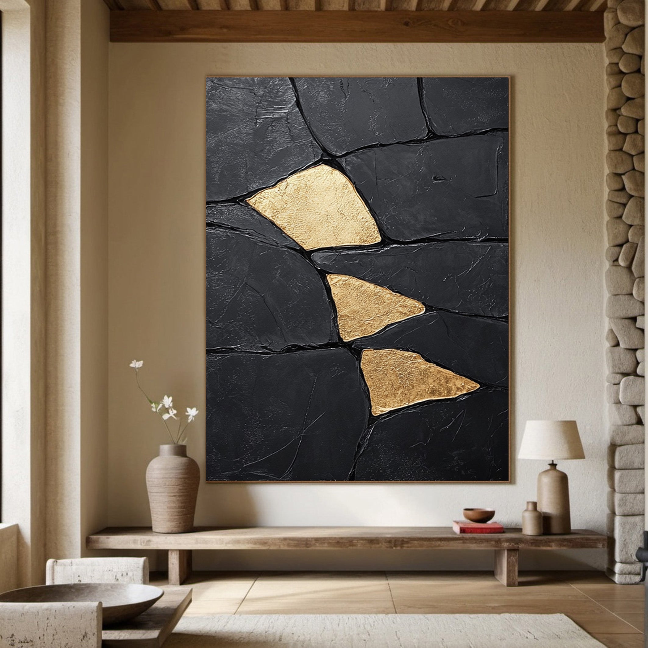 Gilded Shards: Heavily Textured Black Abstract with Gold Inlays #MM549