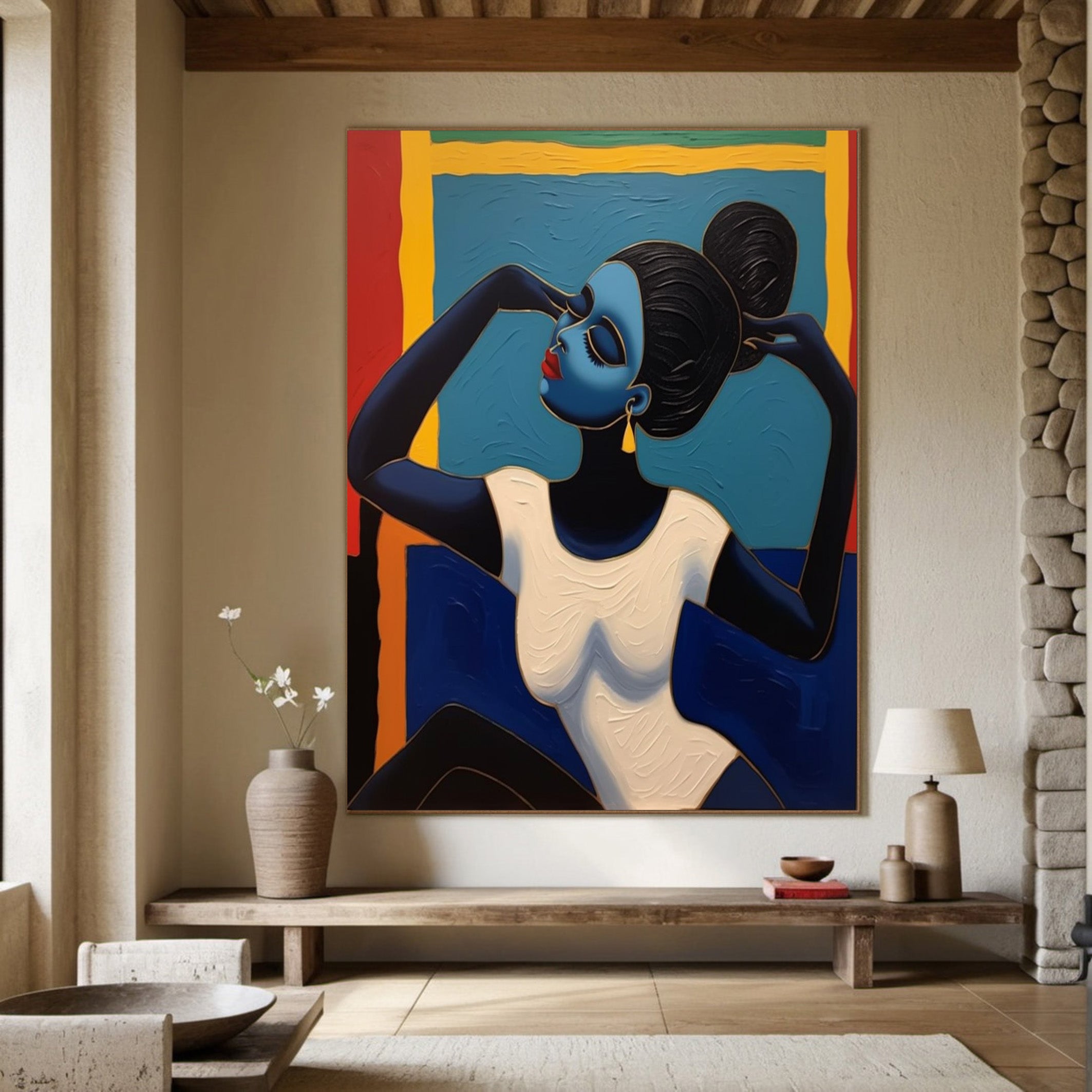 Geometric Grace: Stylized Figure Against Textured Color Shapes #MM542