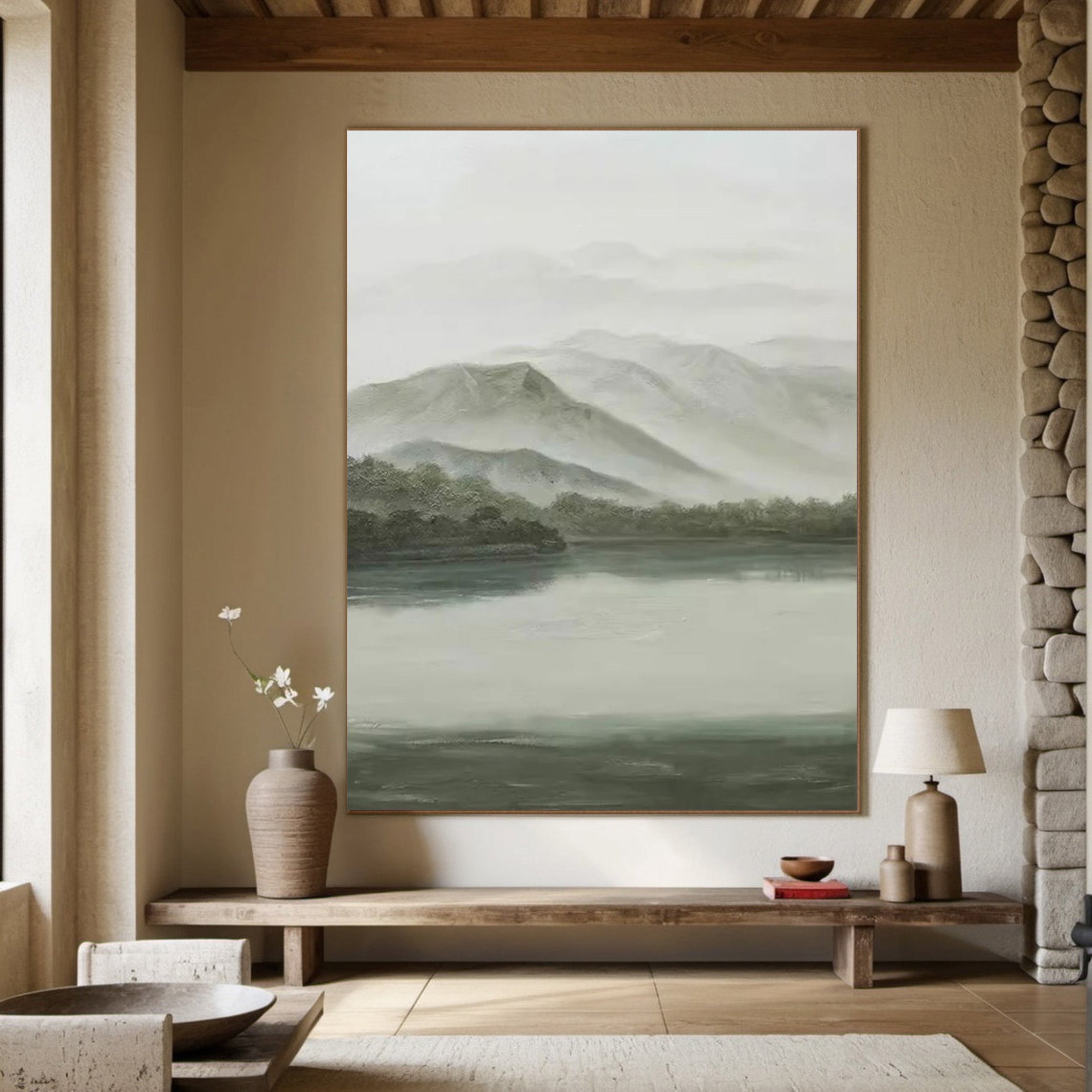 Whispers of Green: Tranquil Landscape with Mist, Peaceful Art #MM535