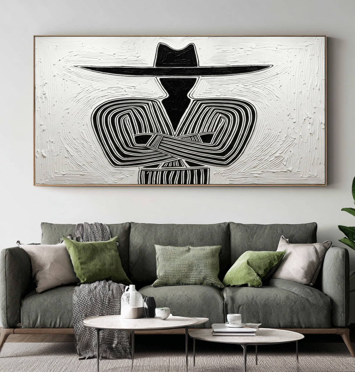 Large Oil Painting Textured Cowboy Minimalist Abstract Black White Western Art