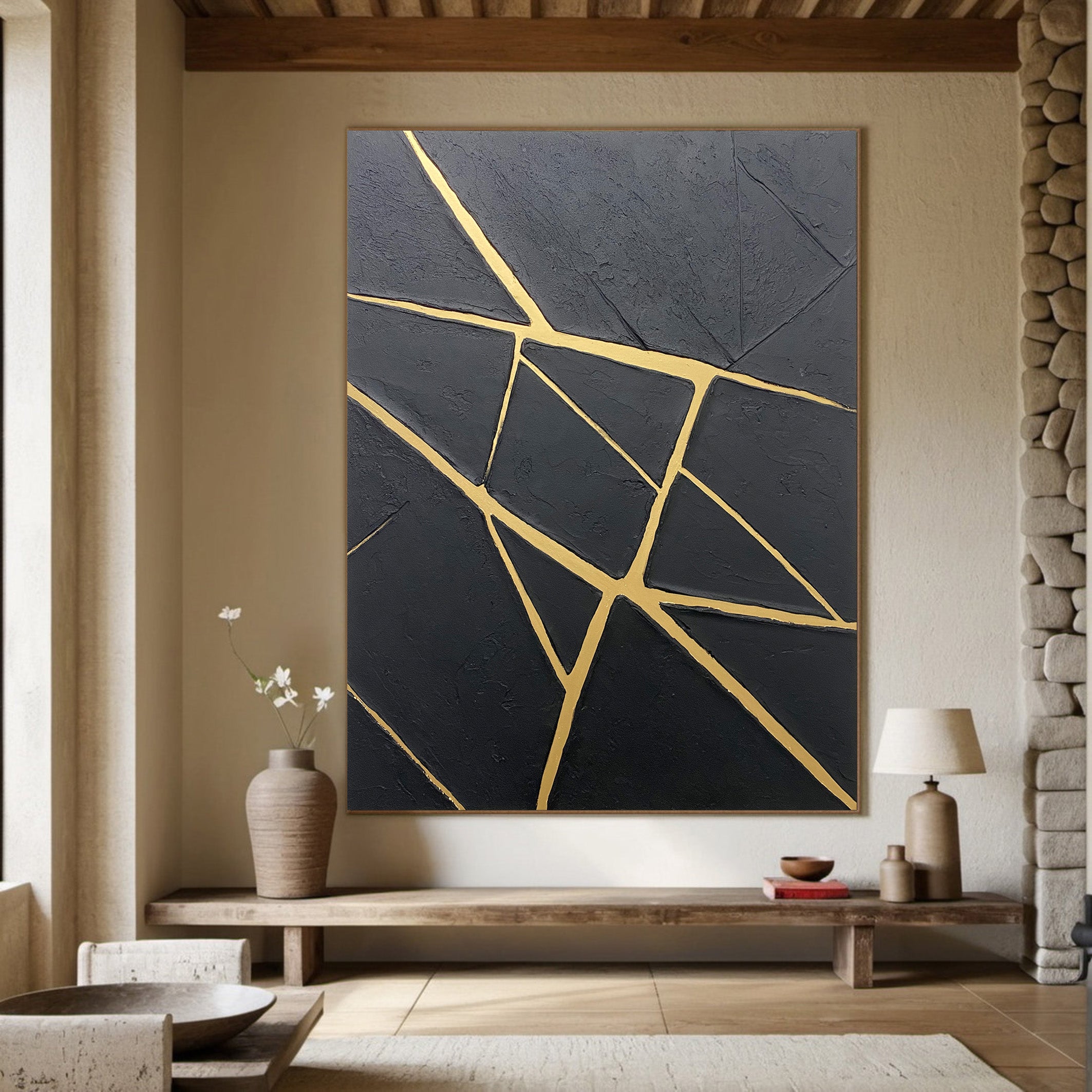 Gilded Fracture:Textured Black Abstract with Angular Gold Lines #MM559