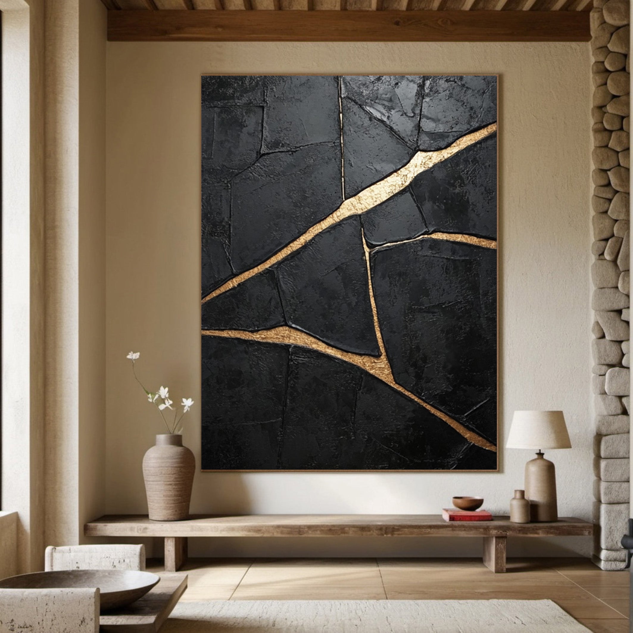 Molten Night: Textured Black Canvas with Flowing Bold Gold #MM546