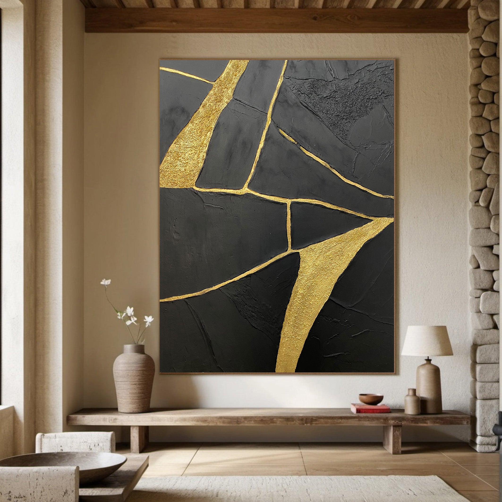 Gilded Fracture:Textured Black Abstract with Flowing Gold Lines #MM544