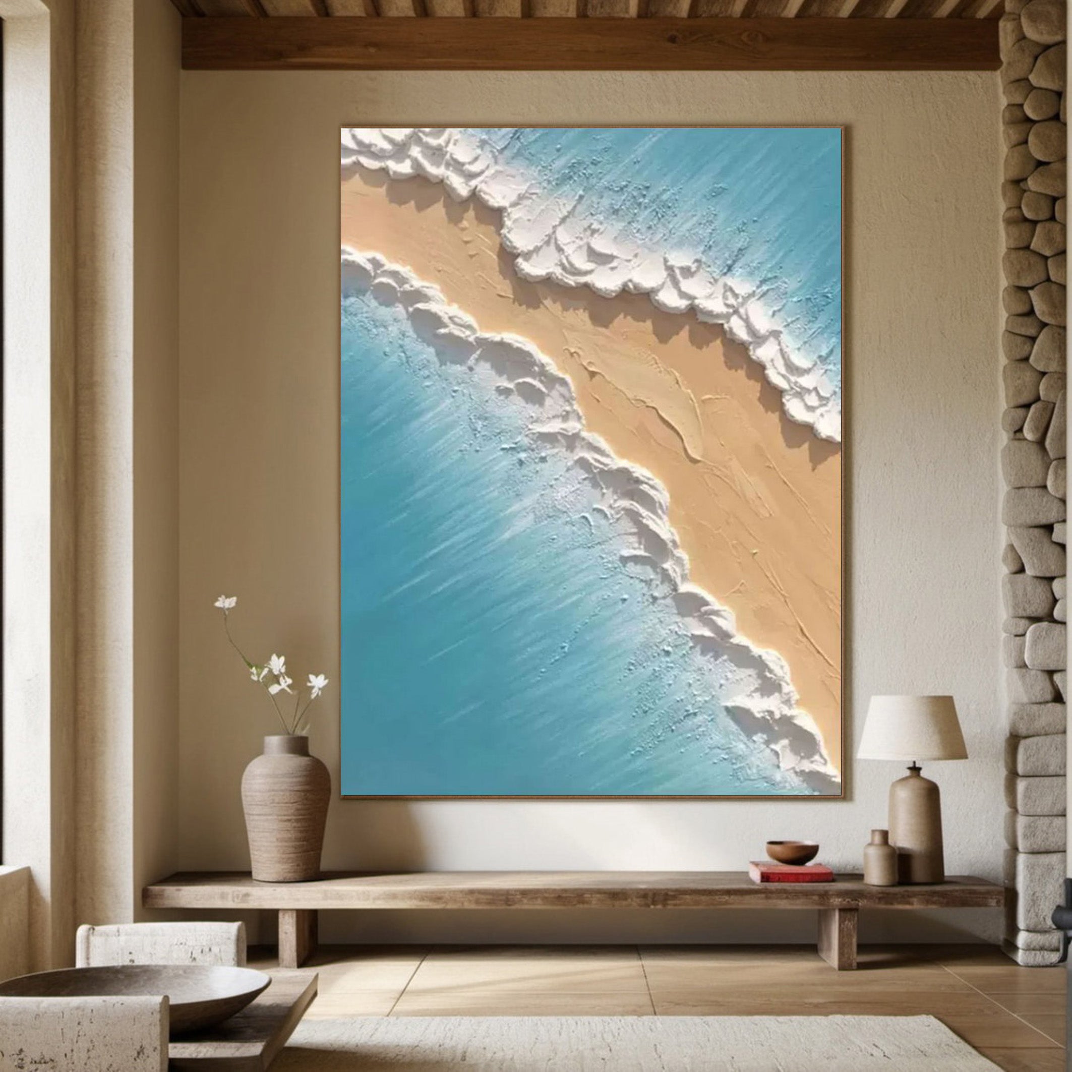 Where Azure Meets Gold: Textured Overhead Beach Wall Art #MM526