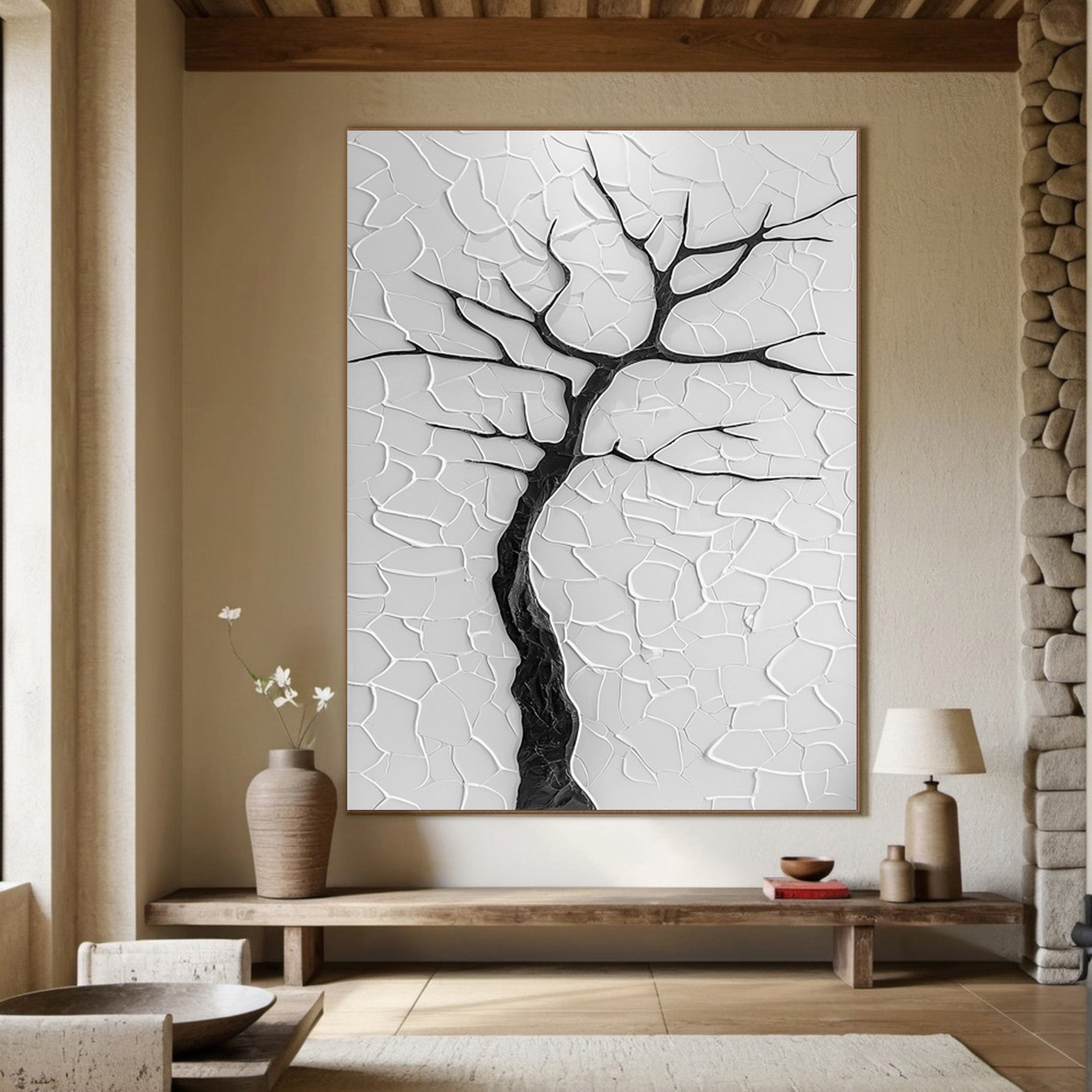 Winter's Embrace: Minimalist Black Tree on Textured White #MM567