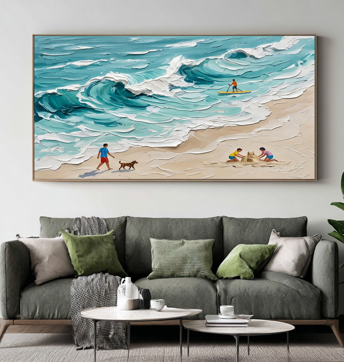 Large Textured Oil Painting Family Beach Scene Turquoise Ocean Coastal Art