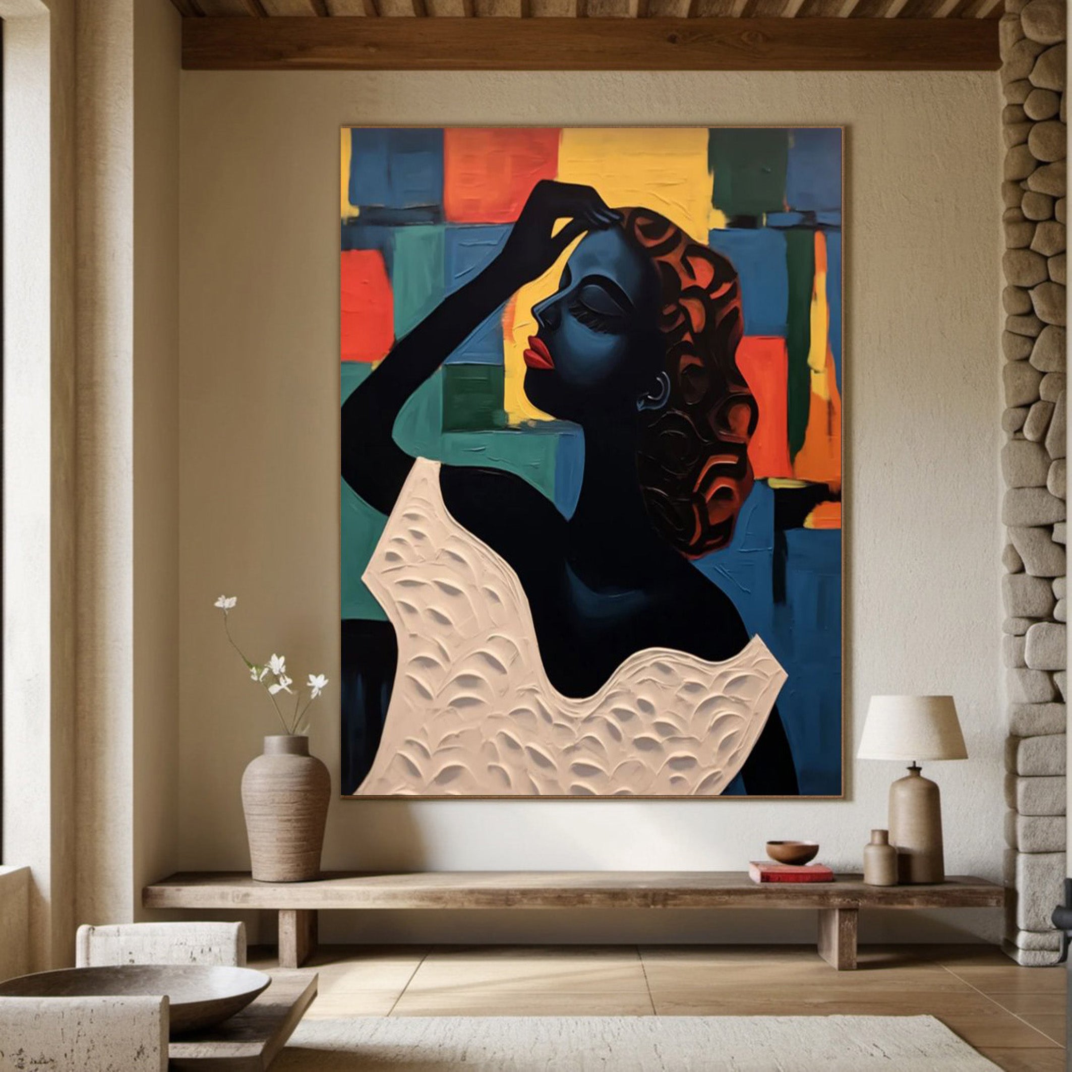 Geometric Poise: Stylized Figure Against Textured Color Shapes #MM537