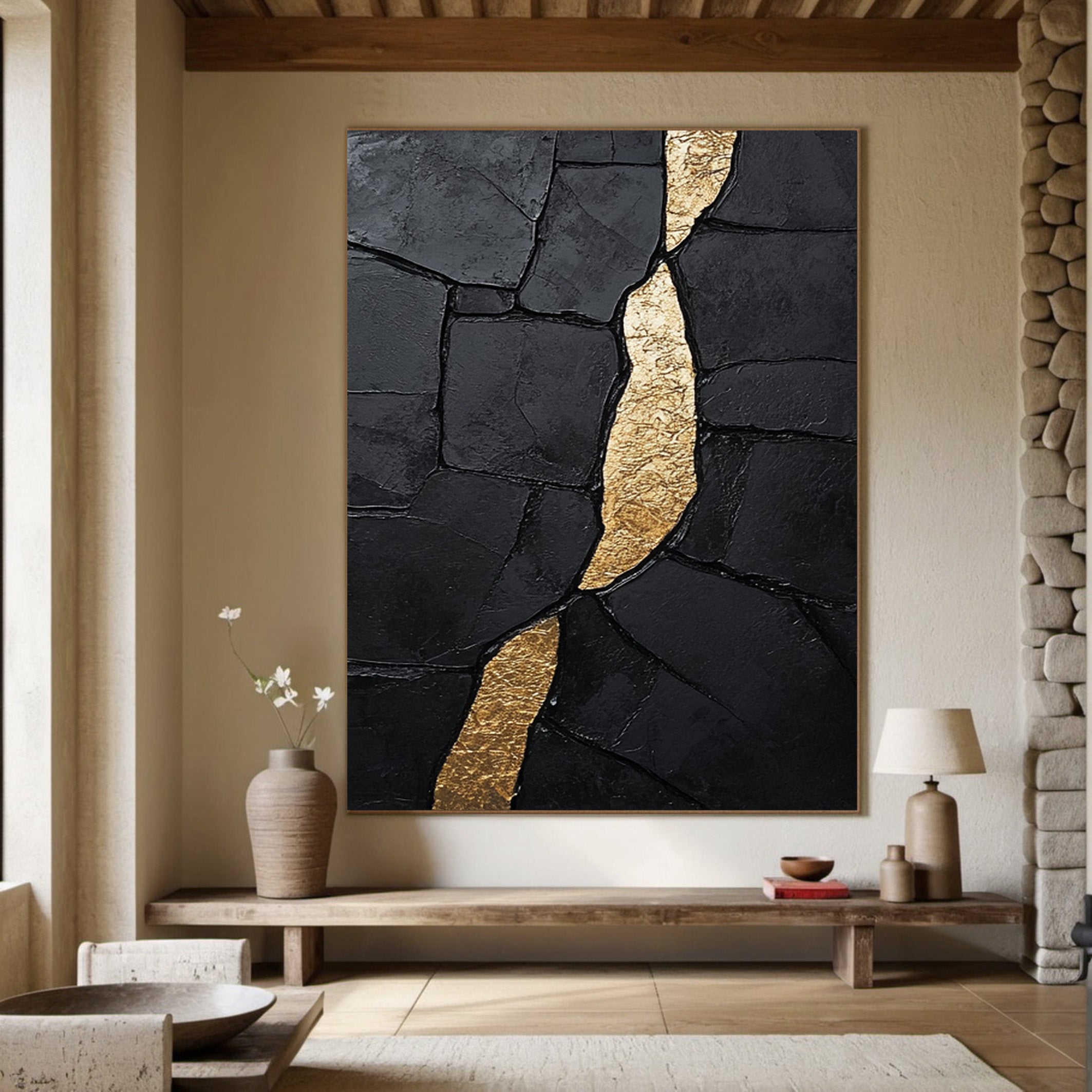 Golden Fault Line:Textured Black Abstract with Gold Cleft #MM555