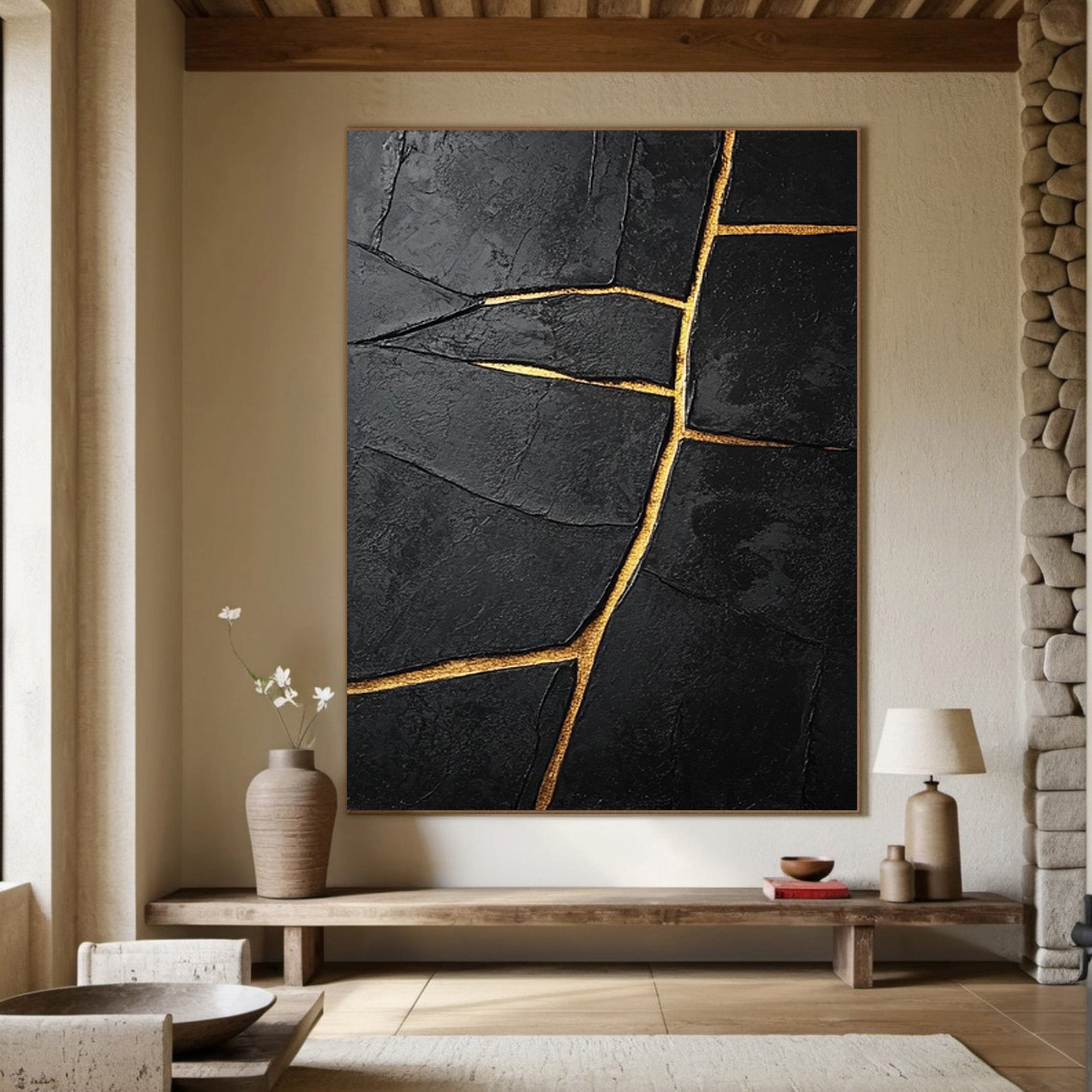Gilded Divide:Textured Black Abstract with Linear Gold Inlays #MM550