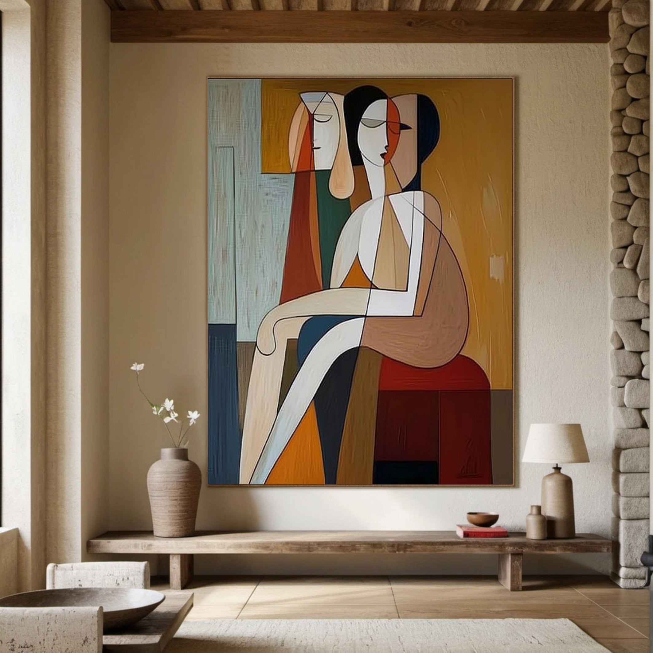 Geometric Encounter: Modern Stylized Figures, Warm Abstract Art #MM540