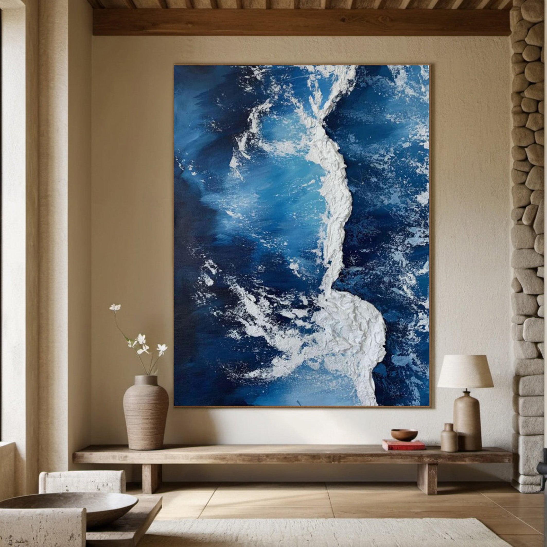 Aerial Tides: 3D Textured Ocean Waves, Blue and White Art #MM539