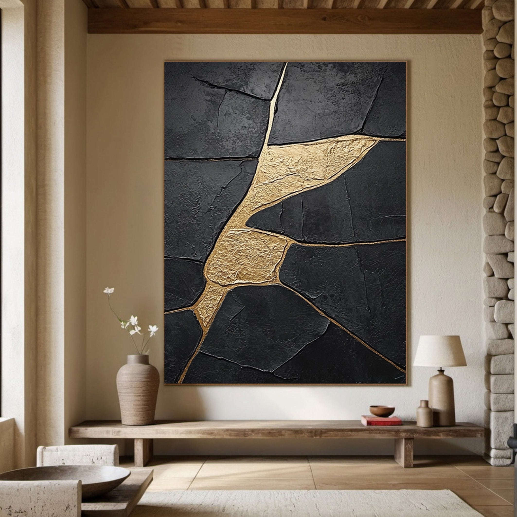 Molten Shadow:Black Impasto with Flowing Organic Gold Veins #MM554