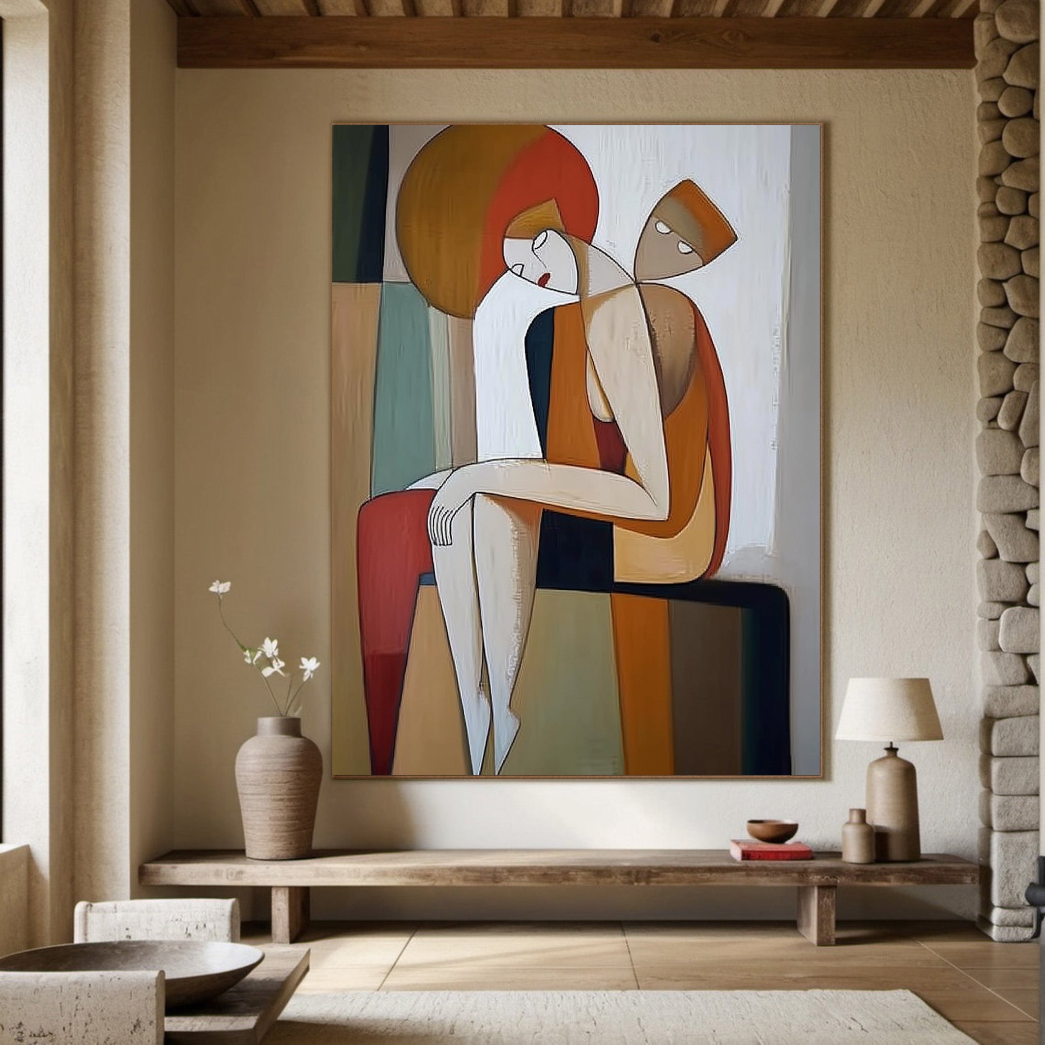 Geometric Embrace: Modern Stylized Figures, Warm Abstract Art #MM538