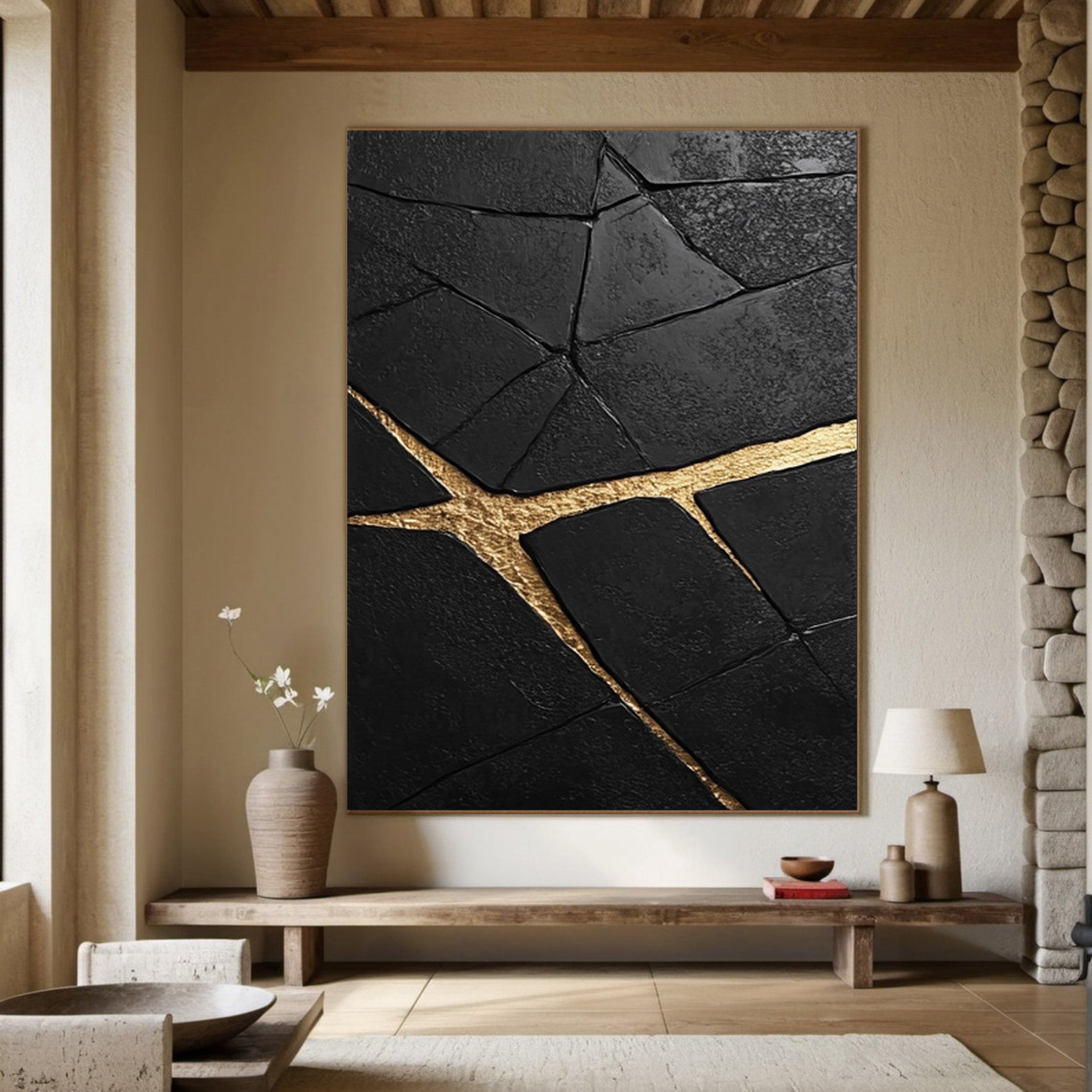 Gilded Cleft: Textured Black Abstract with Bold Gold Fissures #MM545