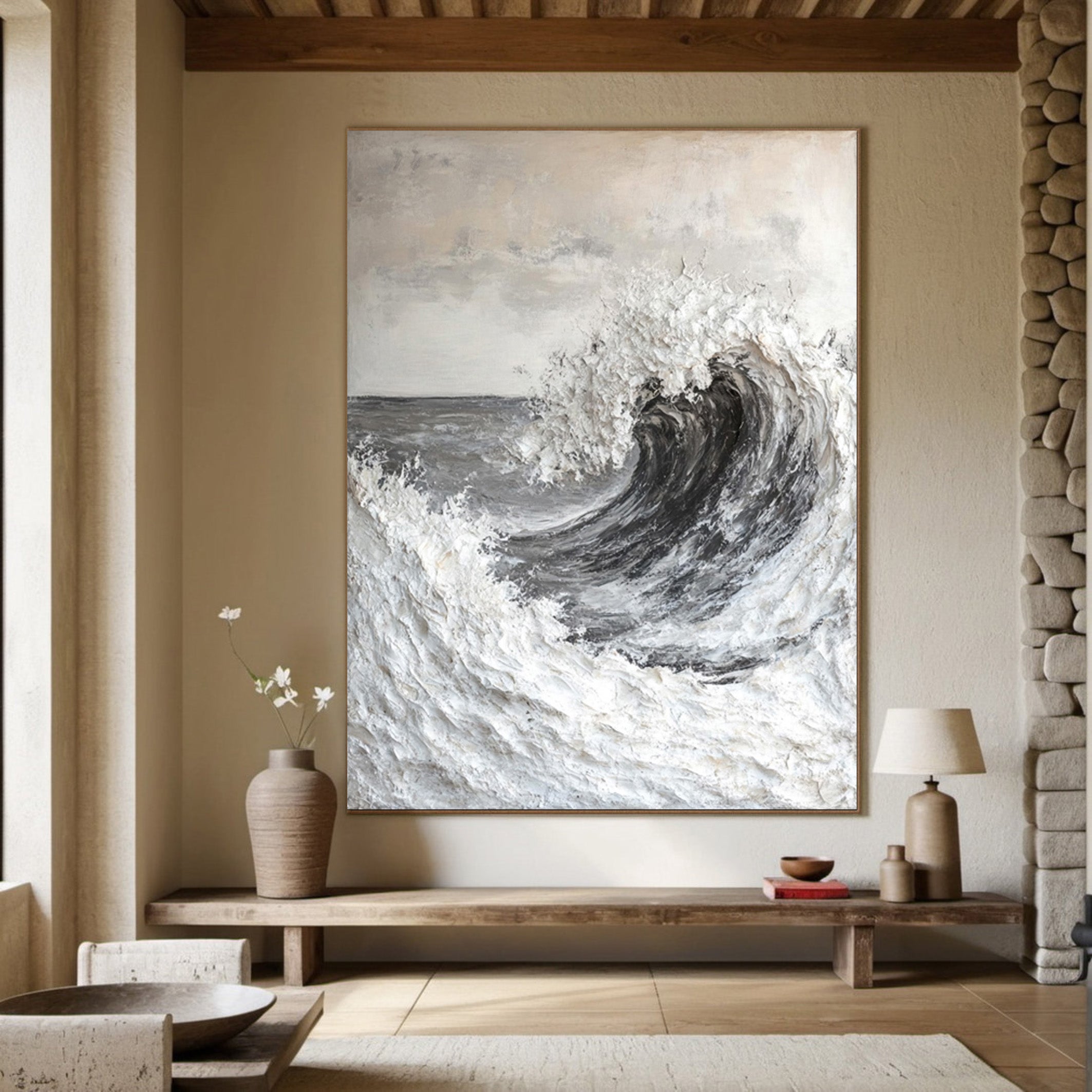 Modern Seascape Painting with Tactile Wave in Grays and Whites #MM565