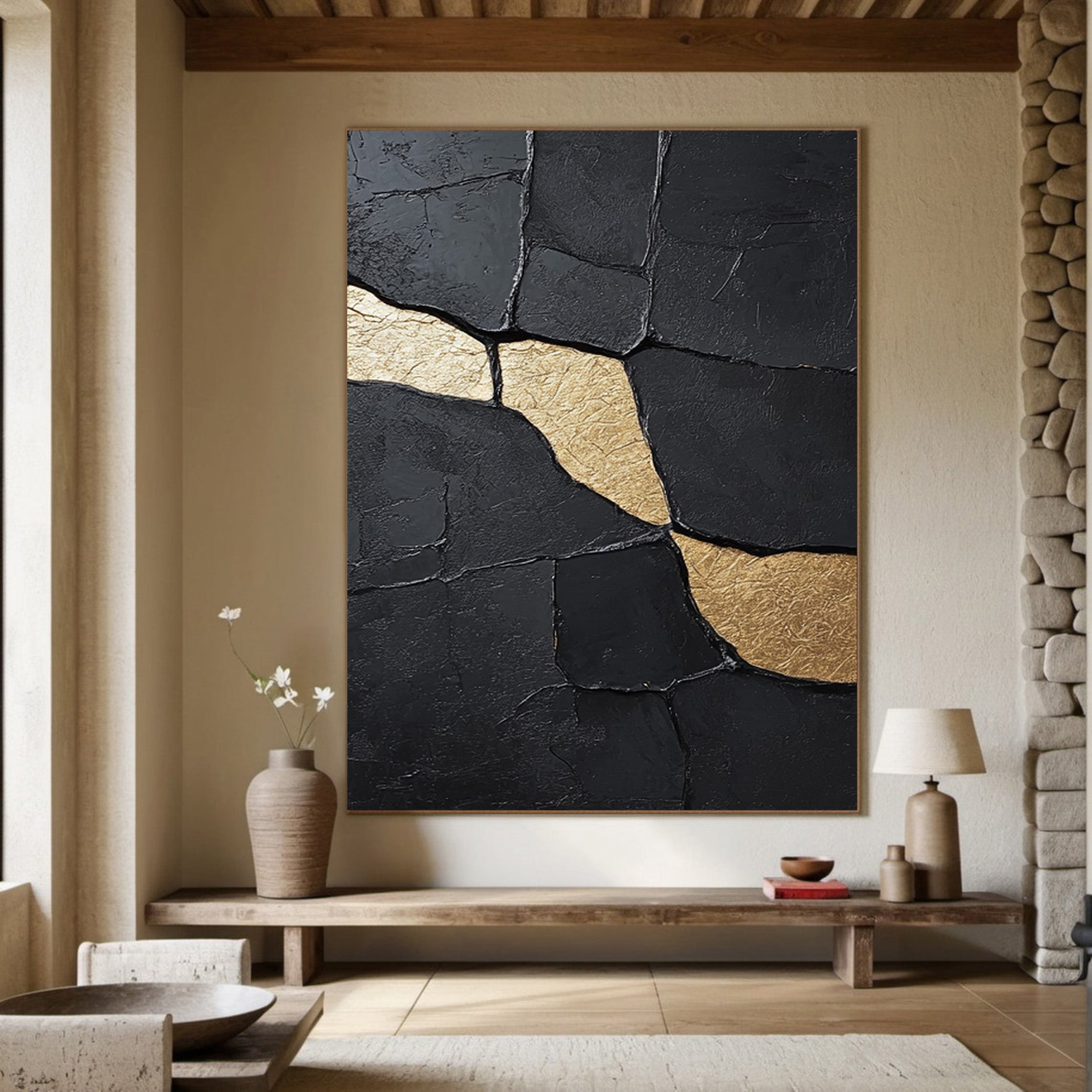Gilded Flow:Textured Black Abstract with Organic Gold Inlays #MM551