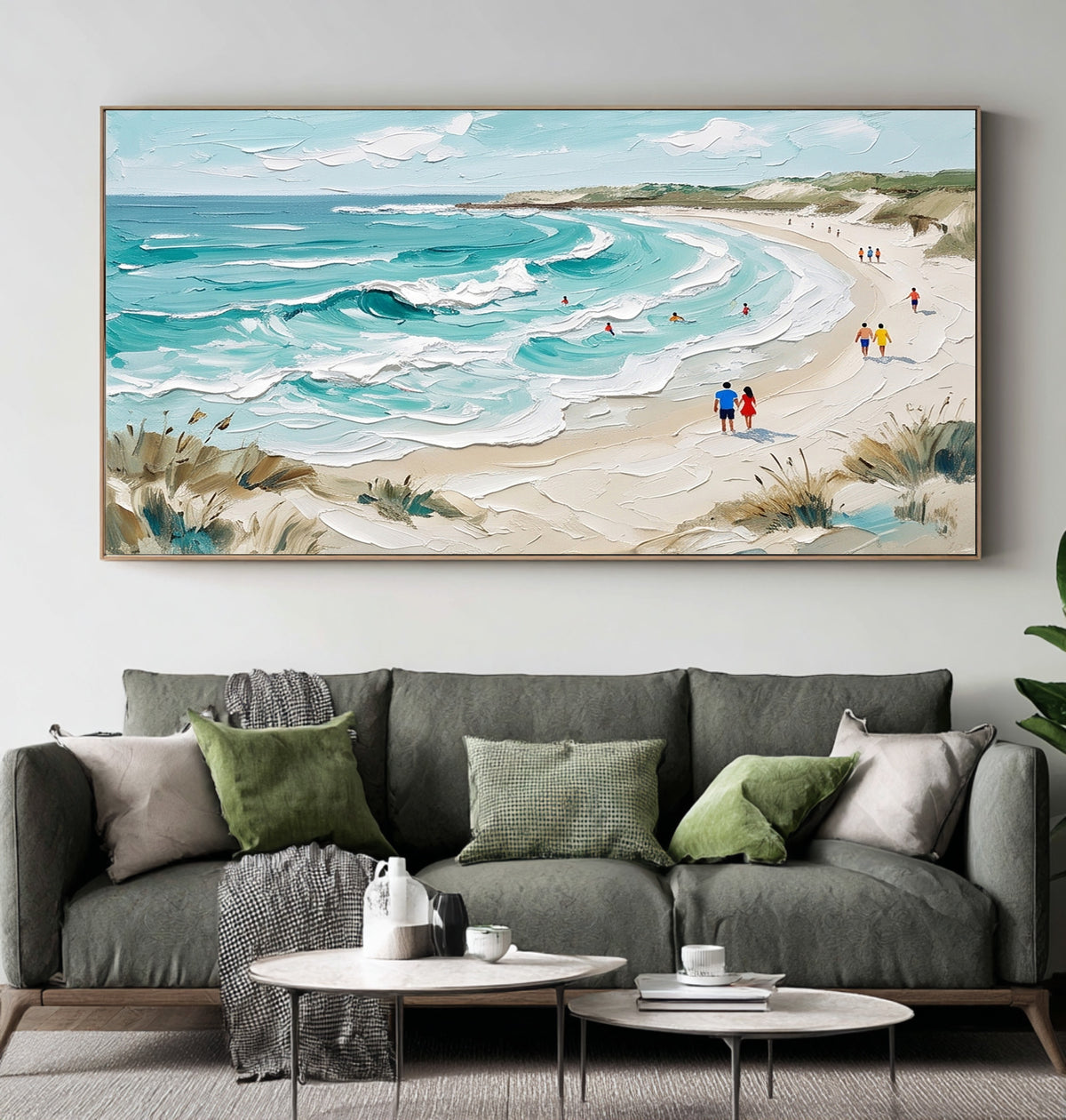 Textured Seaside Landscape Painting Sandy Beach Blue Ocean Waves
