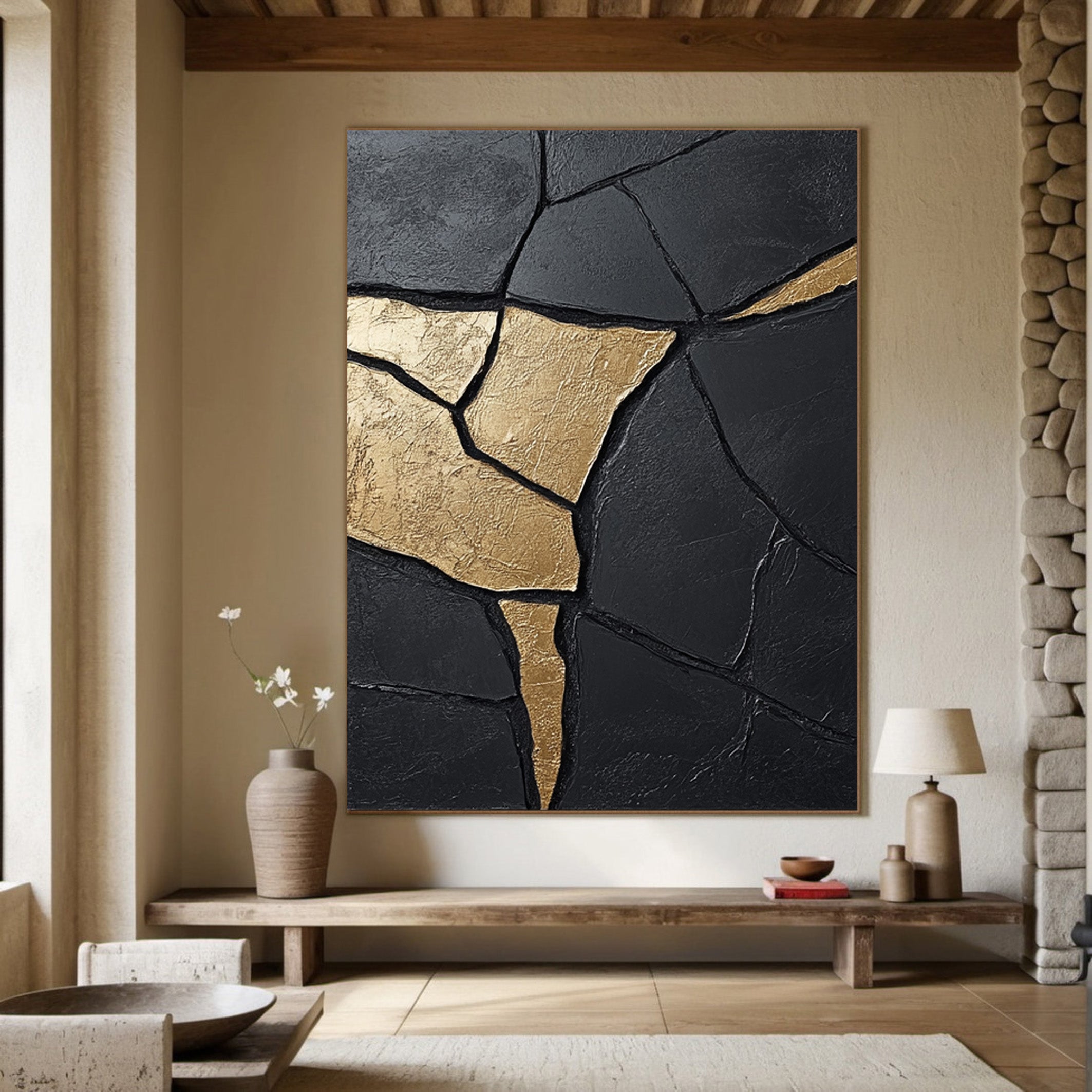 Textured Black Abstract with Organic Gold Veins for Modern Art #MM553