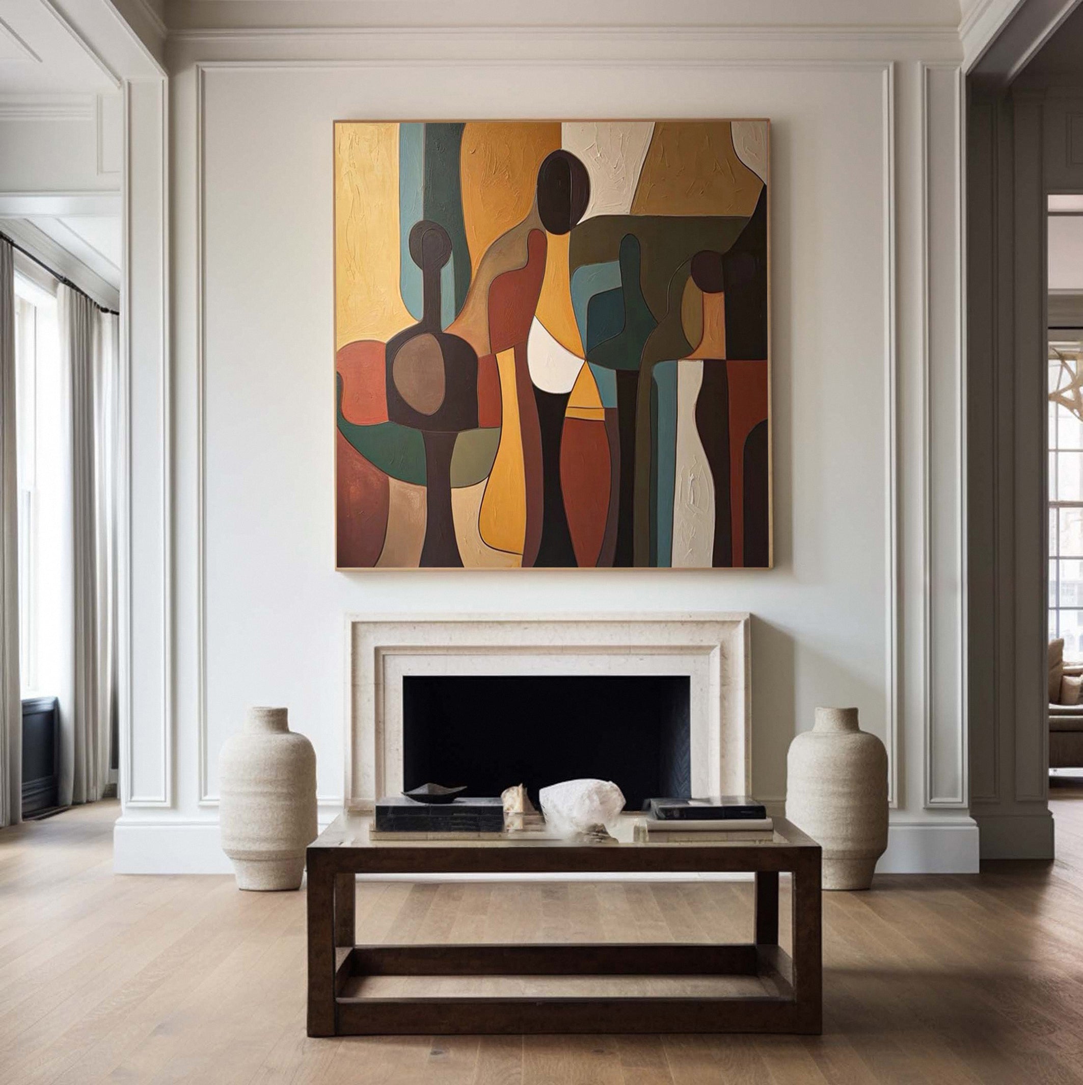 Cubist Gathering: Abstract Figure Composition, Rich Earth Tones #MM502