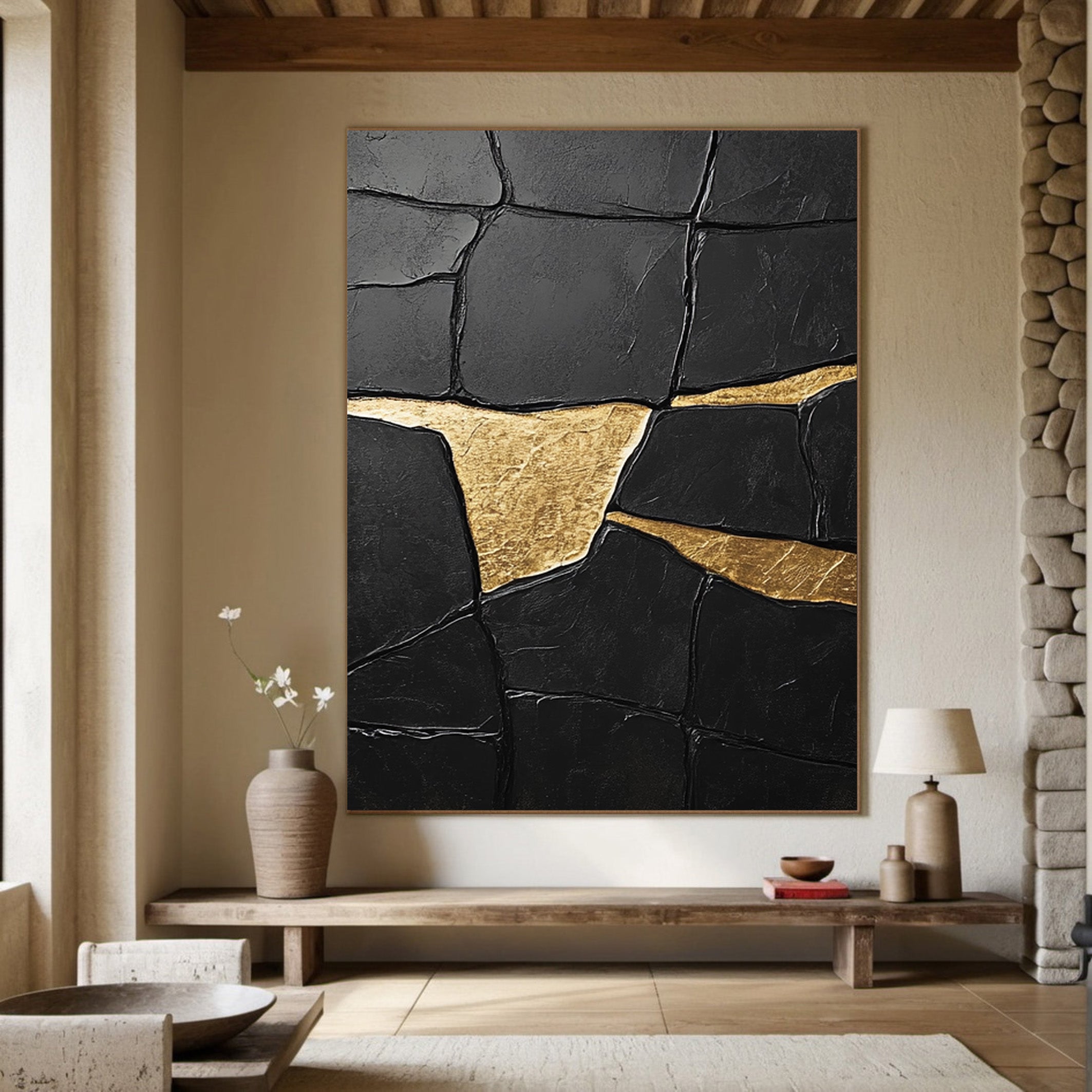 Noir Fragment: Heavily Textured Black Canvas with Gold Accents #MM548