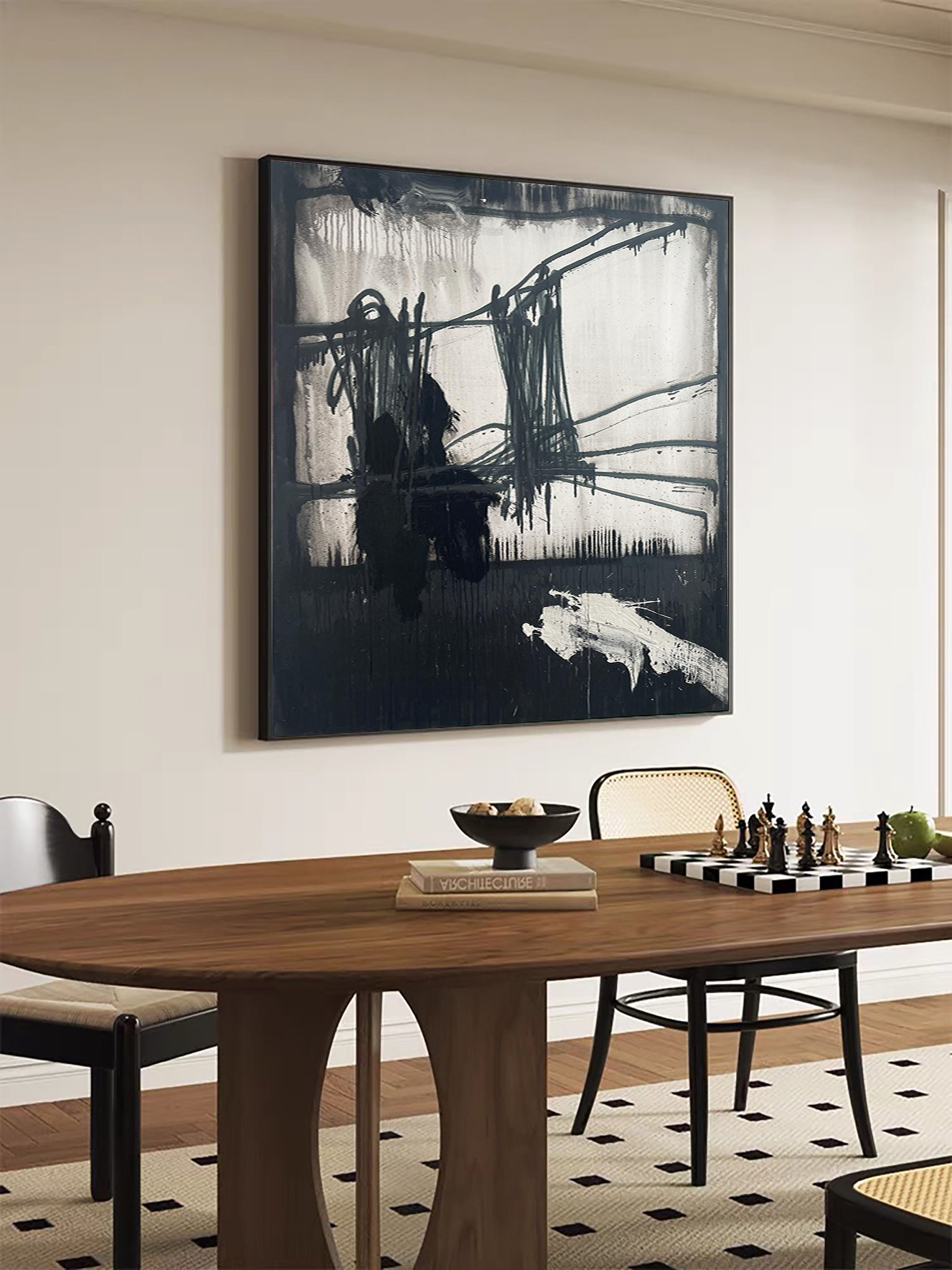 لوحة فنية تجريدية سوداء درامية وجريئة على قماش حديث #MM075