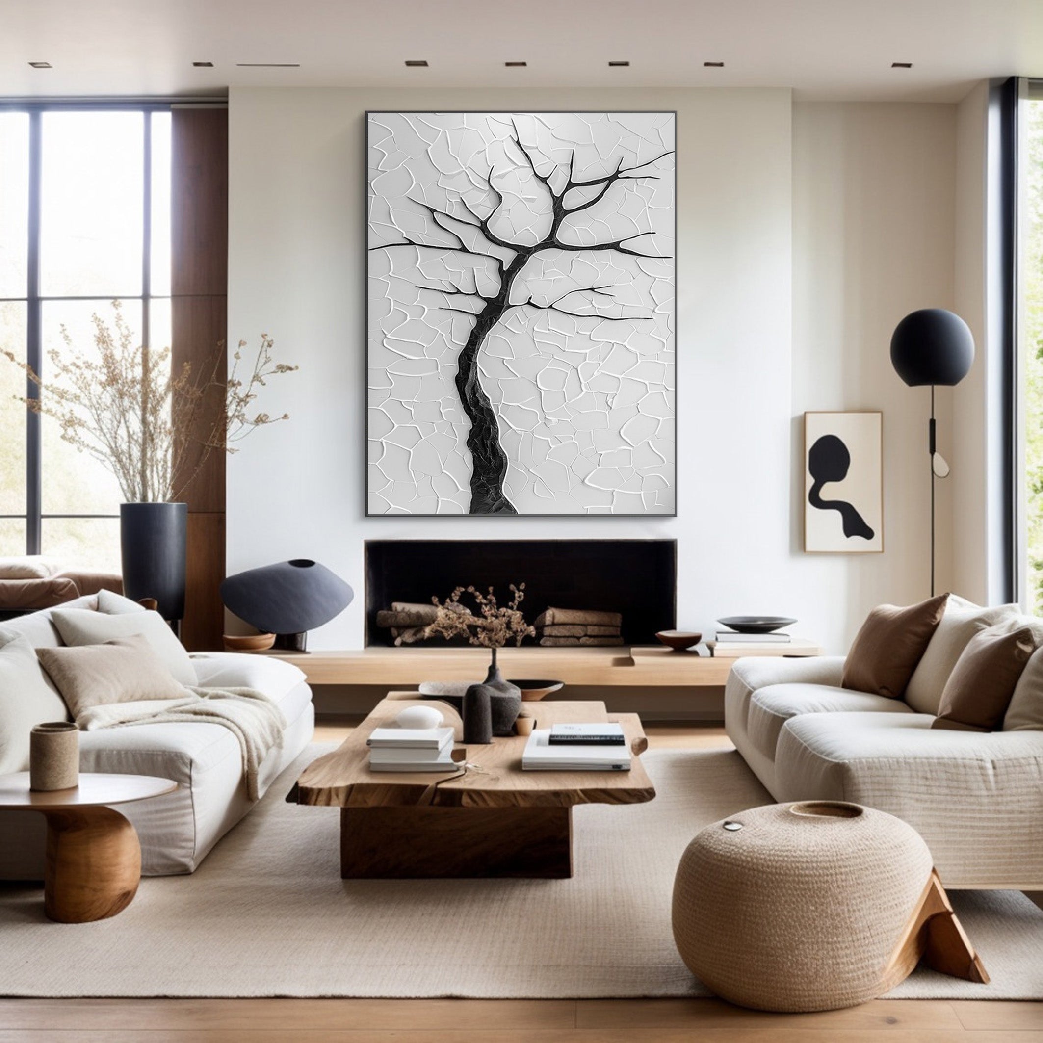 Winter's Embrace: Minimalist Black Tree on Textured White #MM567