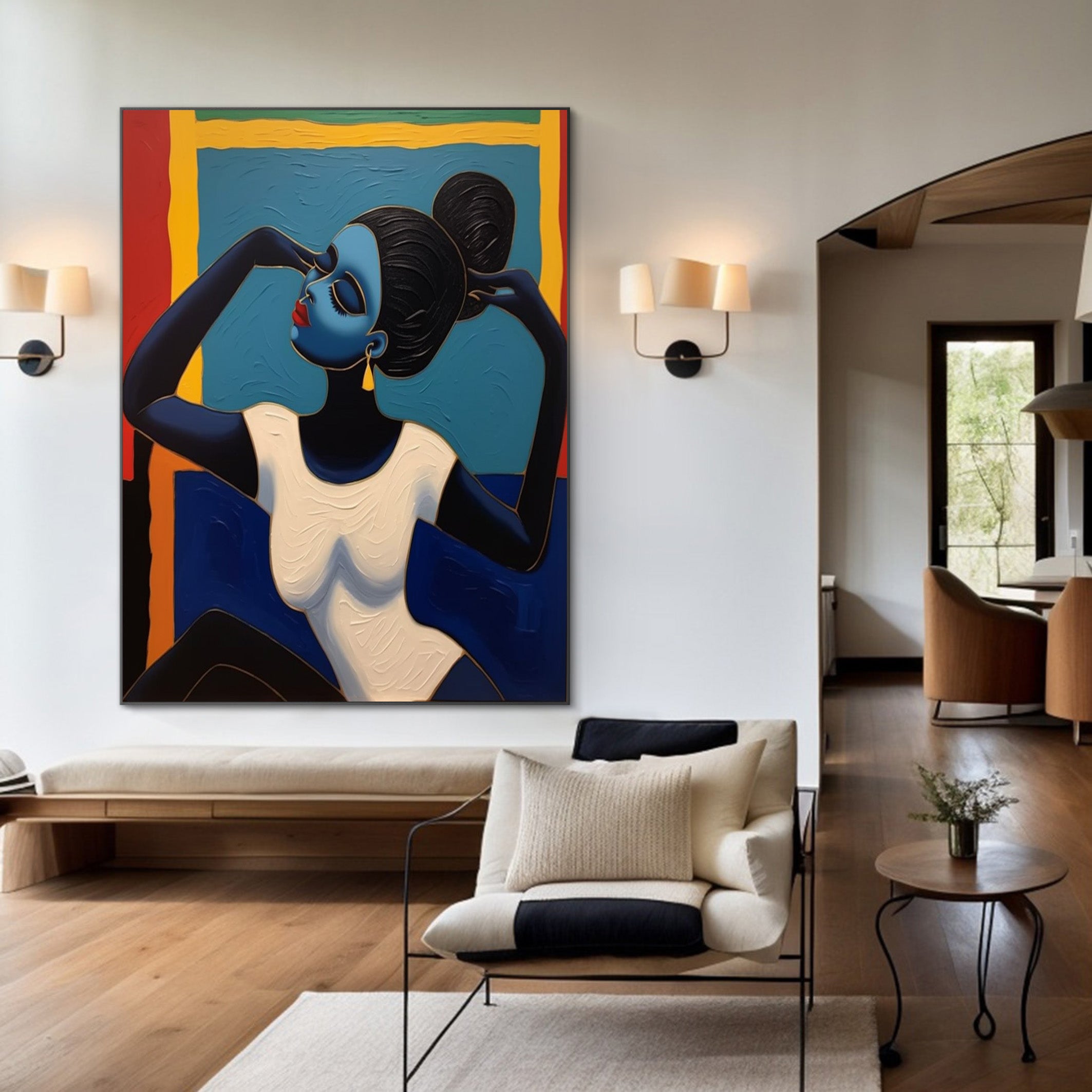 Geometric Grace: Stylized Figure Against Textured Color Shapes #MM542