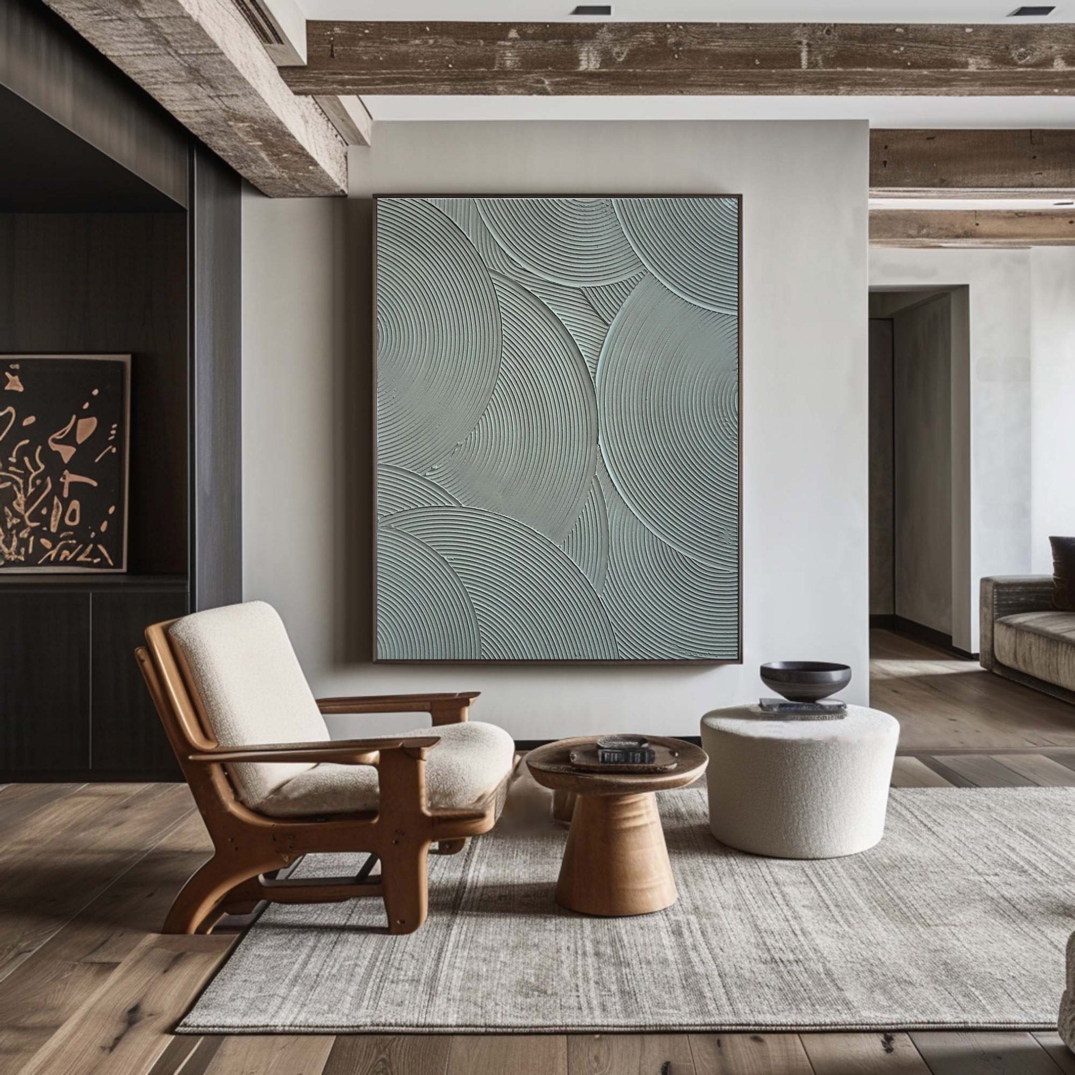 لوحة فنية جدارية بسيطة بنمط دائري باللونين الرمادي والأخضر على قماش #MM105