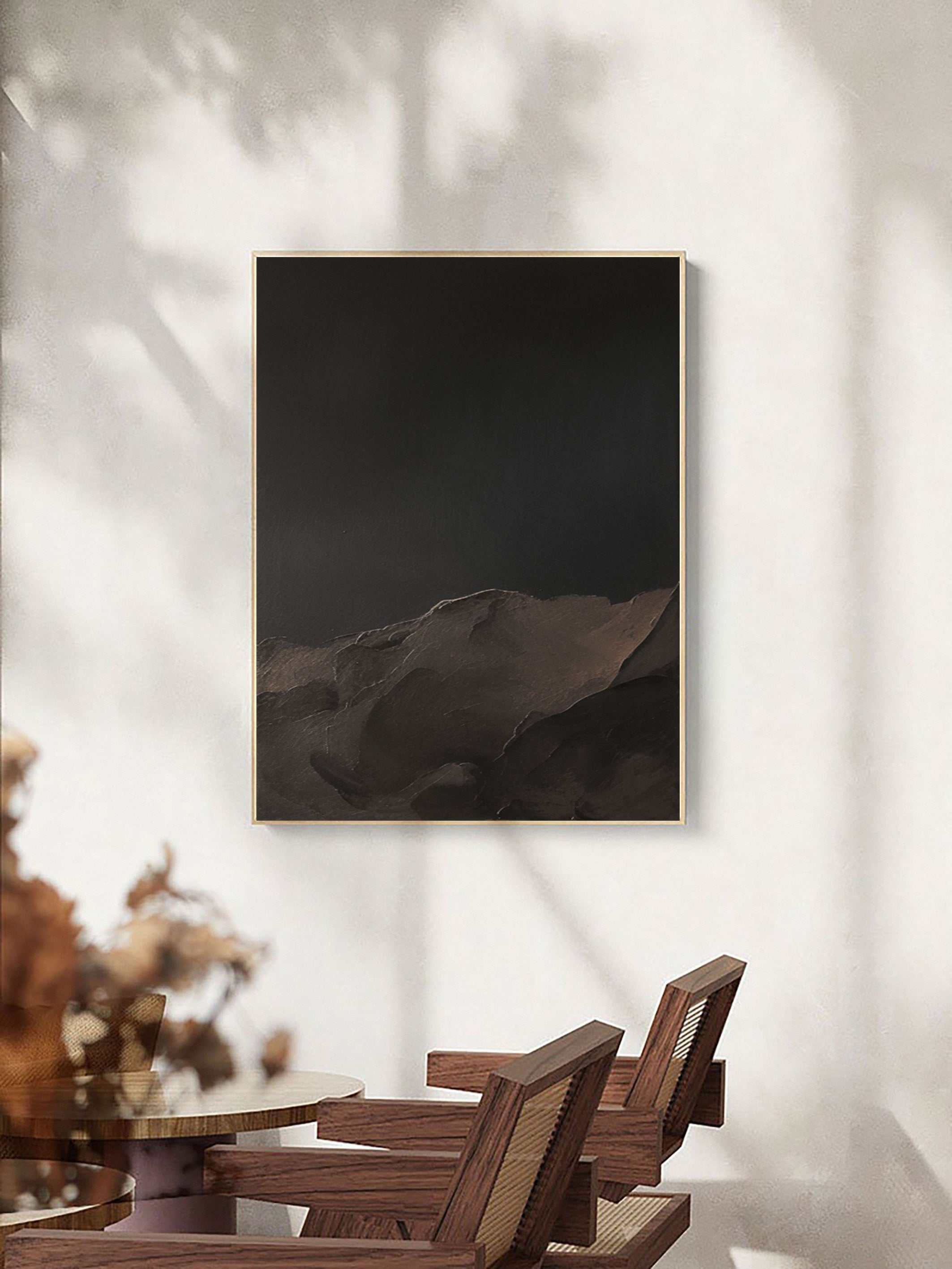 Snowy Mountain In Dark Textured Abstract Wall Art #MM505