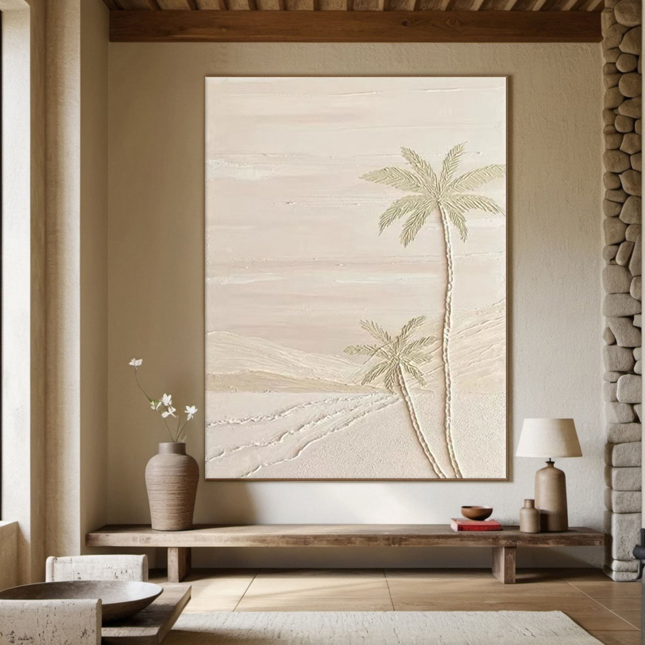 Sandy Palms: Contemporary Neutral Painting, Tactile Beach Scene #MM506