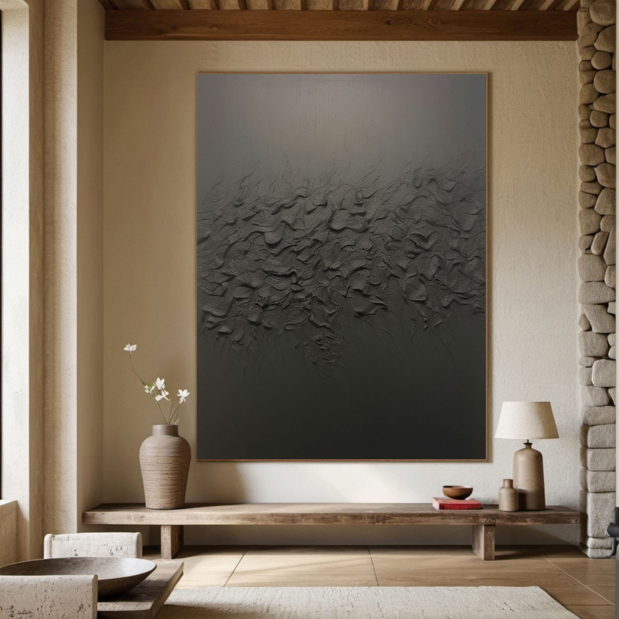 Black Contemporary Wall Art, Organic Textured Design #MM507