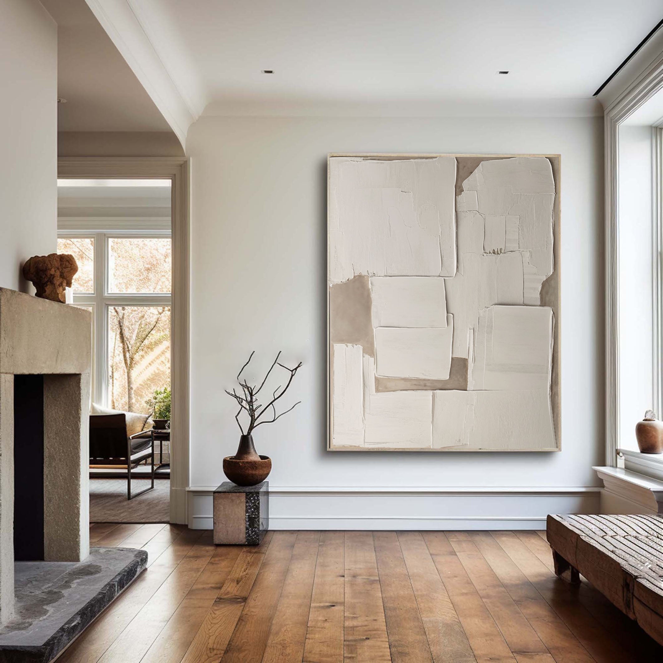 3D Modern Abstract Canvas, Beige and White Relief #MM504