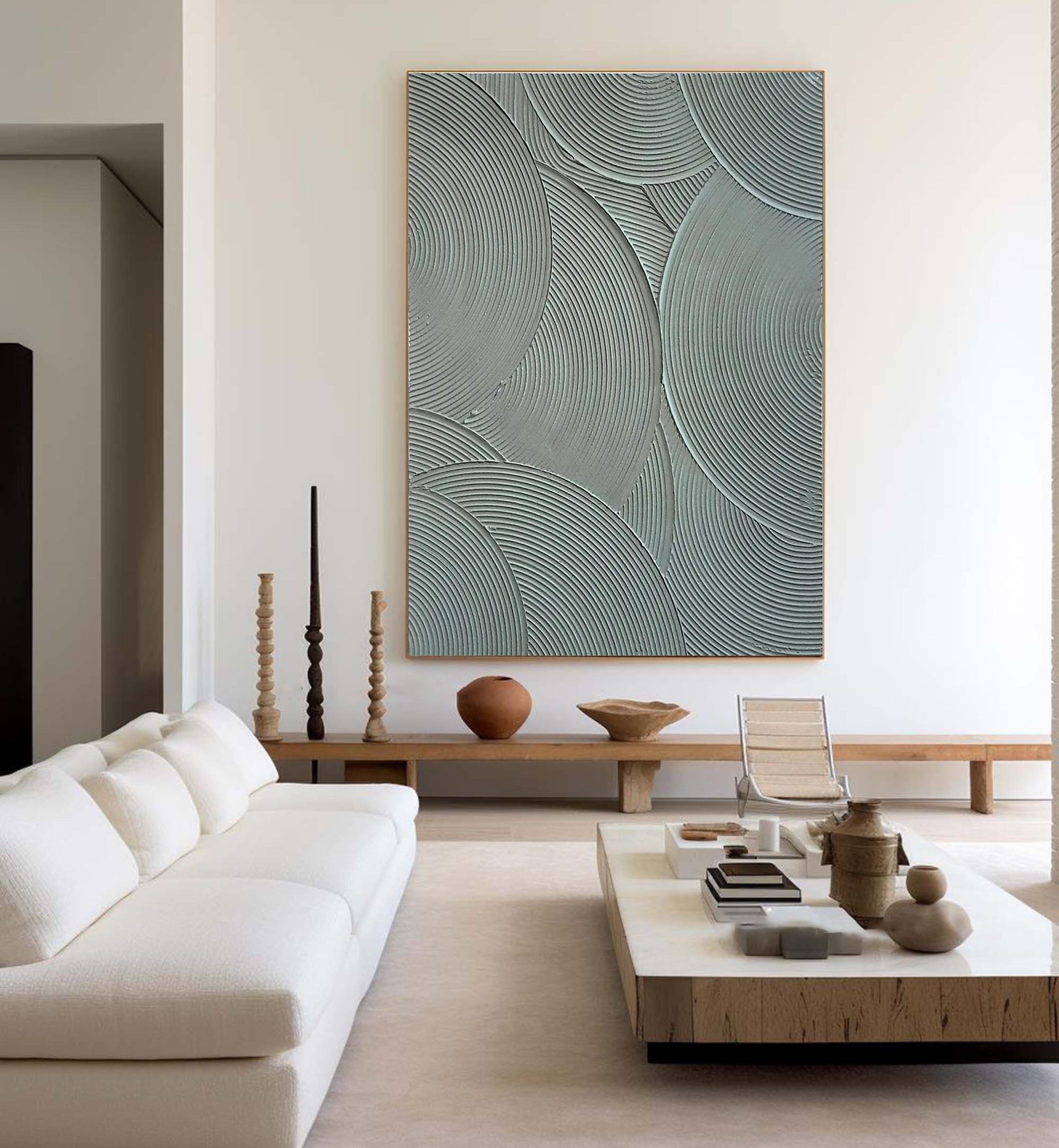 لوحة فنية جدارية بسيطة بنمط دائري باللونين الرمادي والأخضر على قماش #MM105