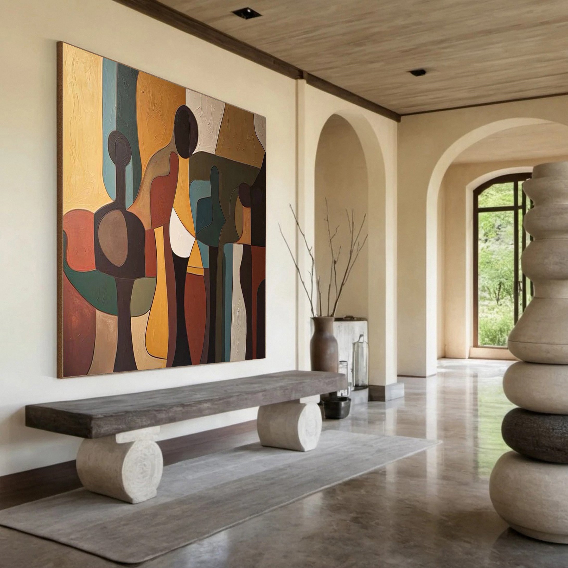 Cubist Gathering: Abstract Figure Composition, Rich Earth Tones #MM502