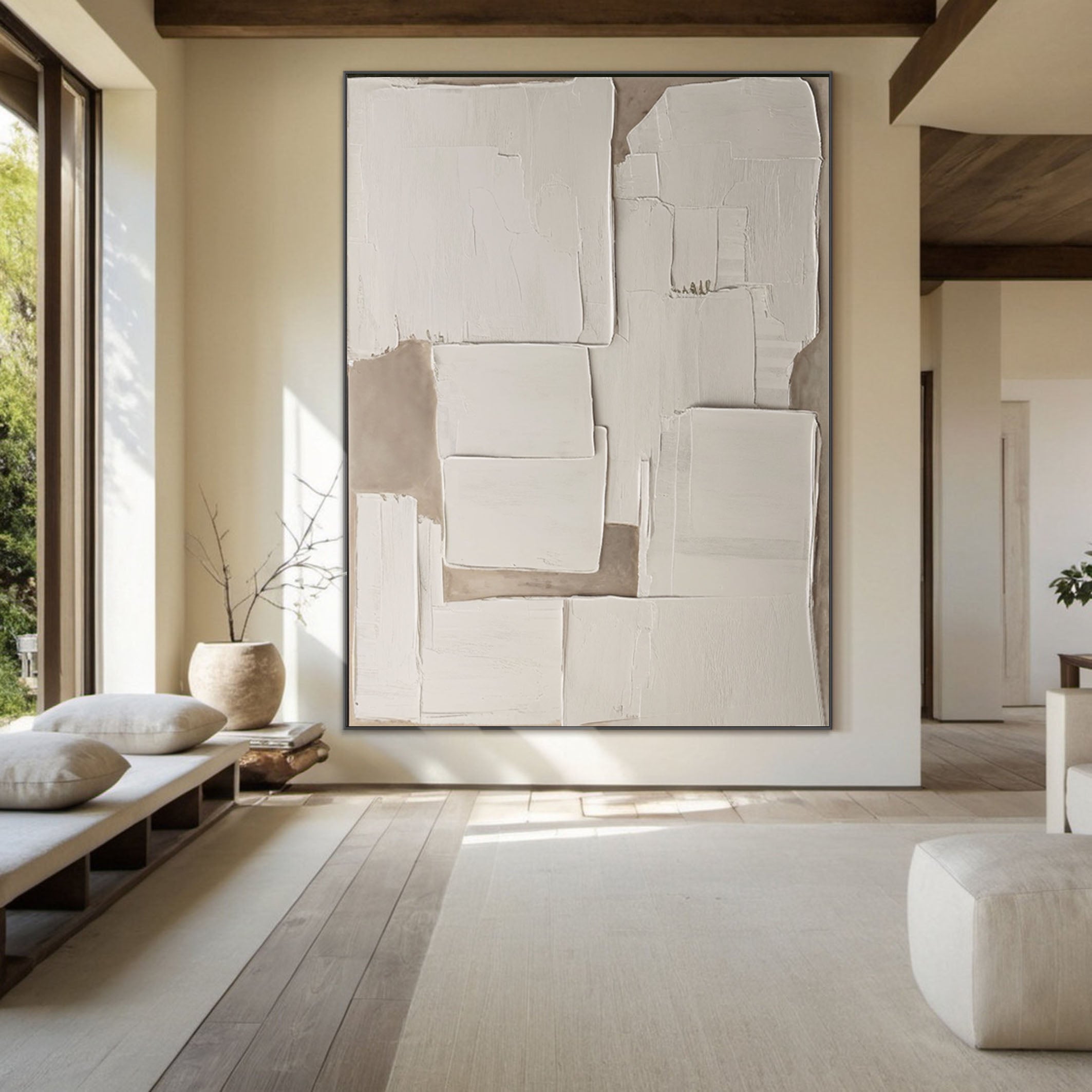 3D Modern Abstract Canvas, Beige and White Relief #MM504