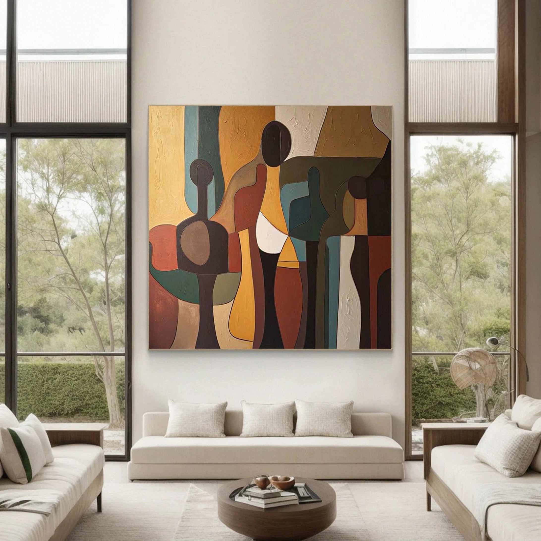 Cubist Gathering: Abstract Figure Composition, Rich Earth Tones #MM502