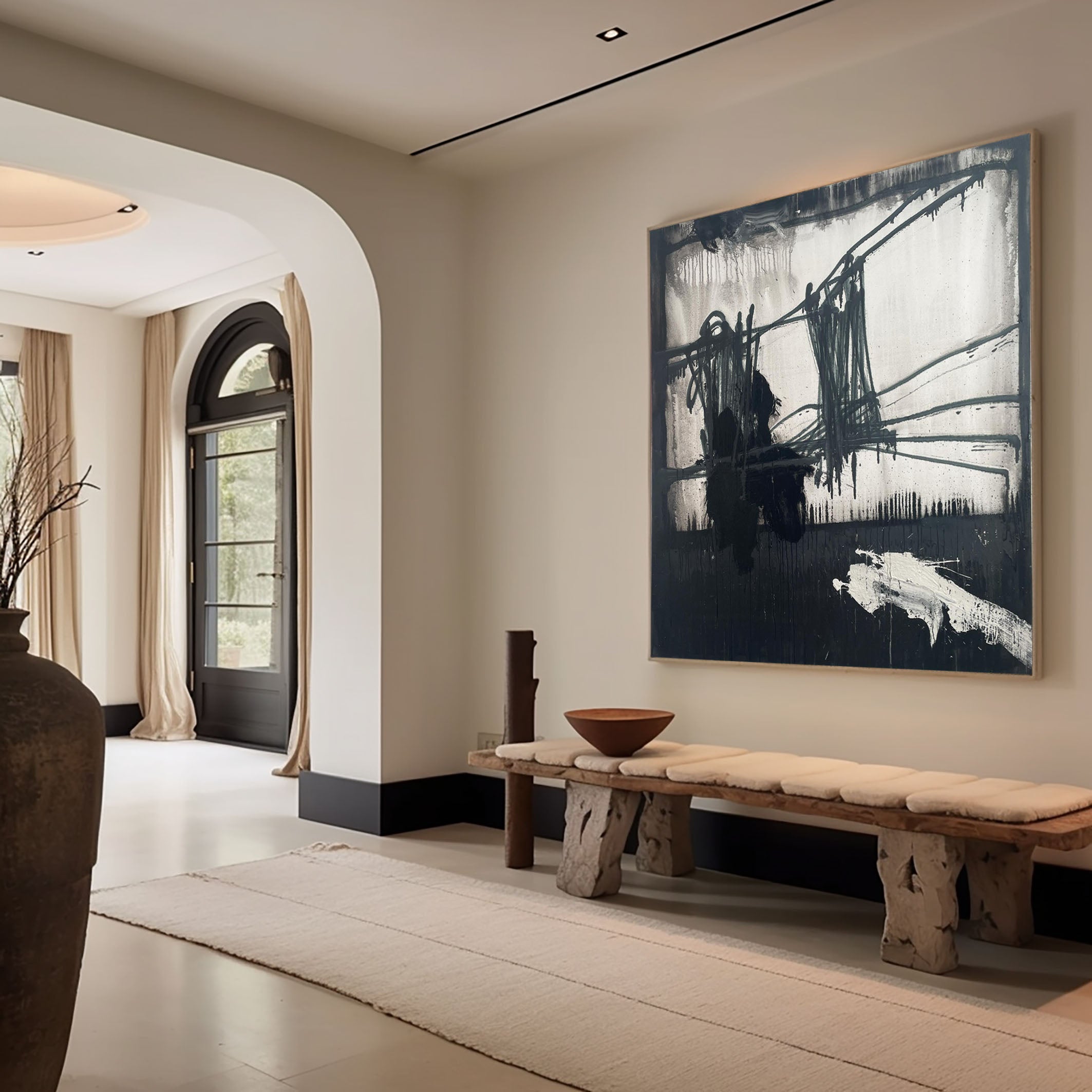 لوحة فنية تجريدية سوداء درامية وجريئة على قماش حديث #MM075