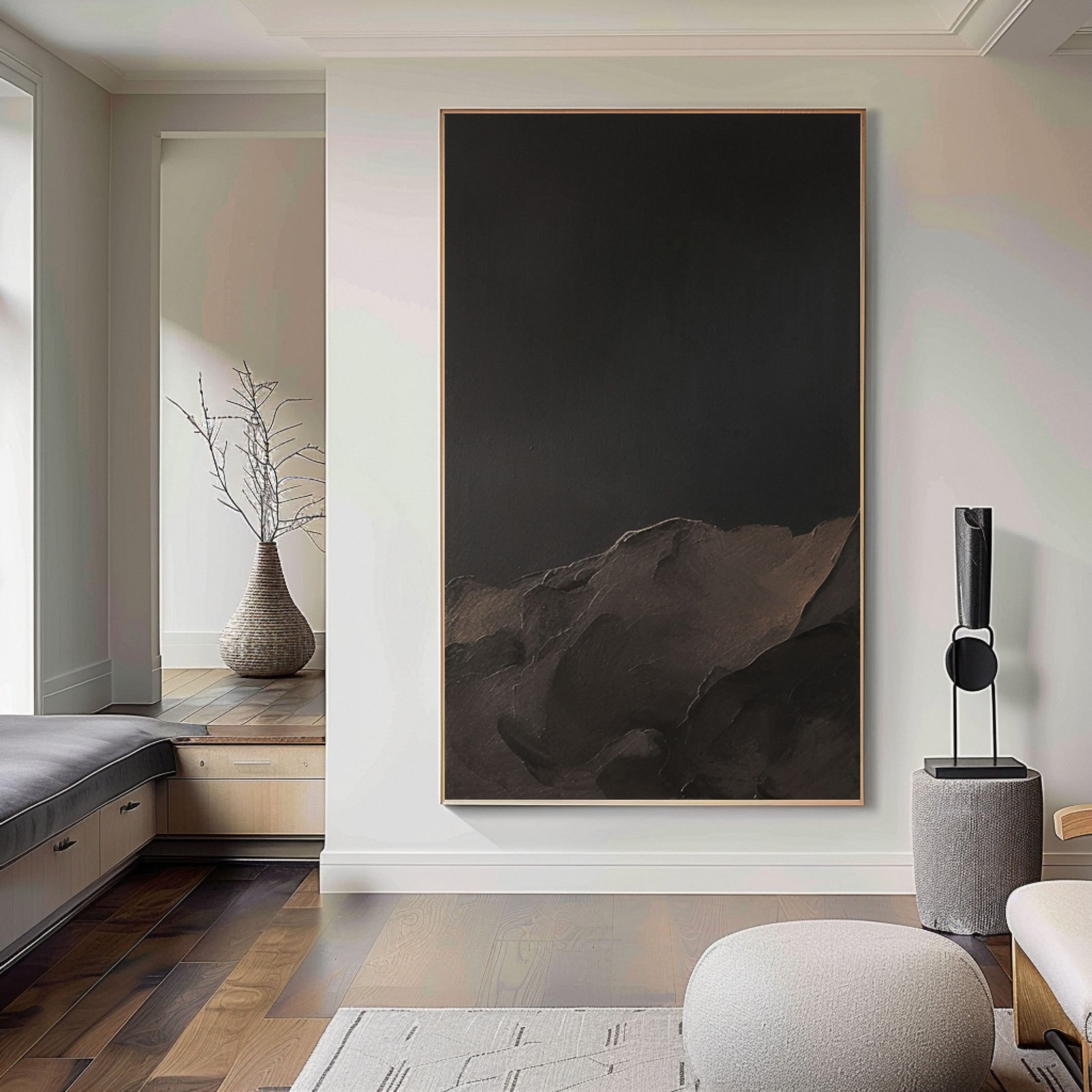 Snowy Mountain In Dark Textured Abstract Wall Art #MM505