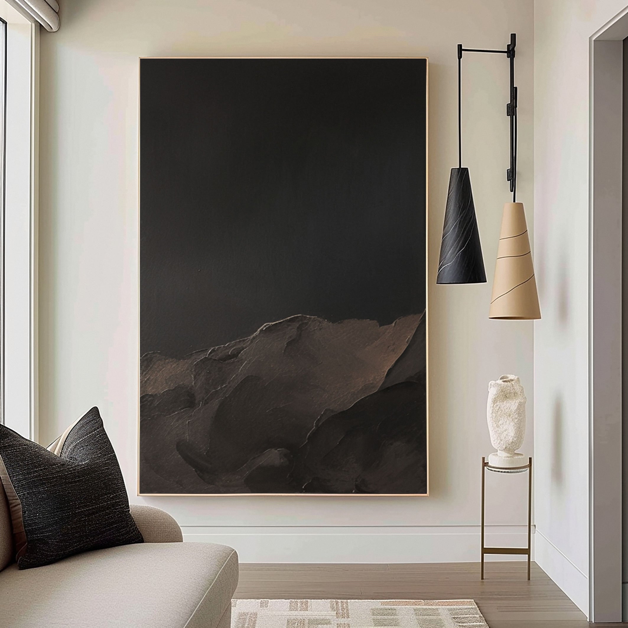 Snowy Mountain In Dark Textured Abstract Wall Art #MM505
