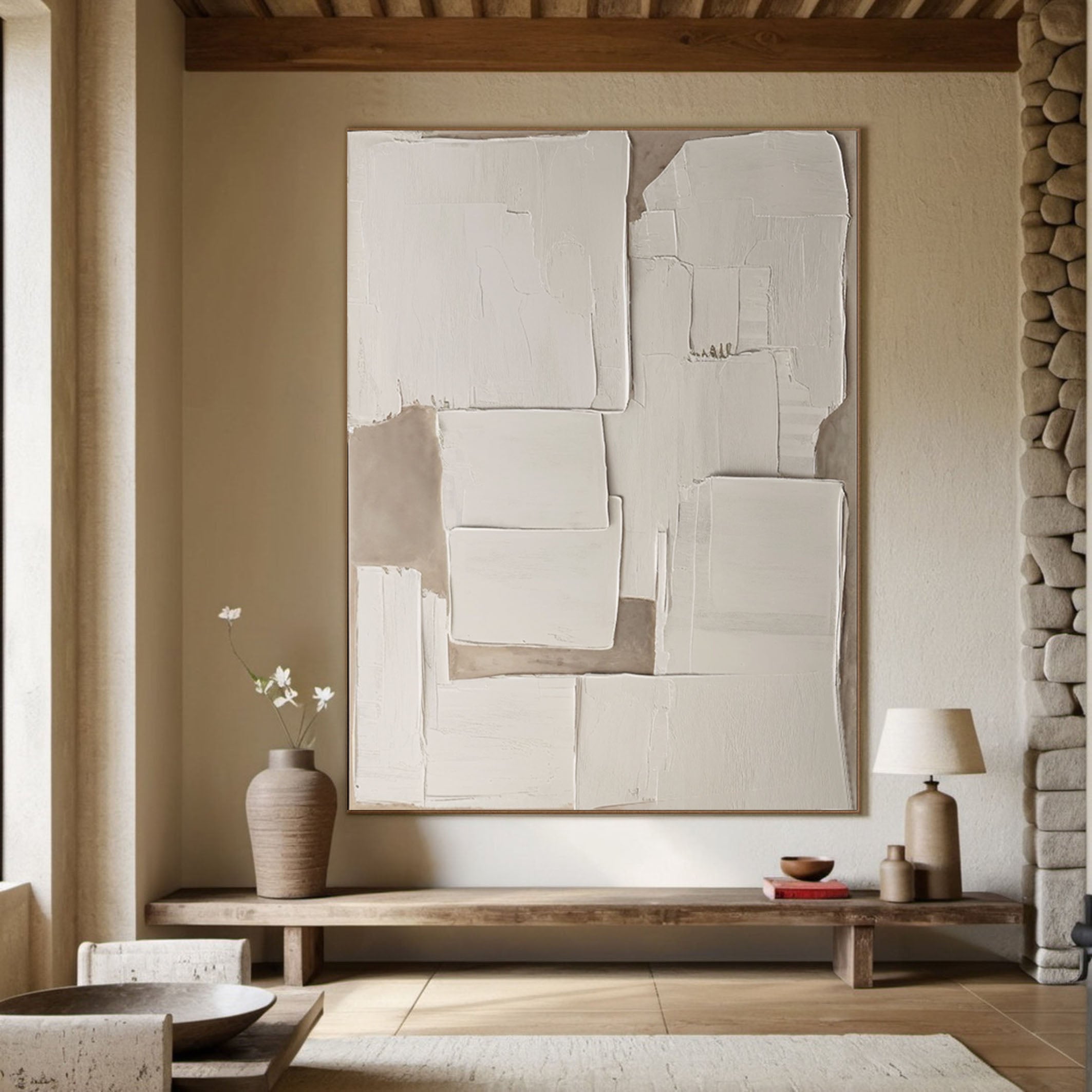 3D Modern Abstract Canvas, Beige and White Relief #MM504