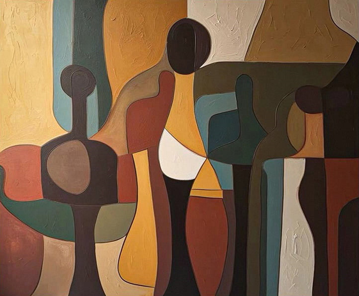 Cubist Gathering: Abstract Figure Composition, Rich Earth Tones #MM502