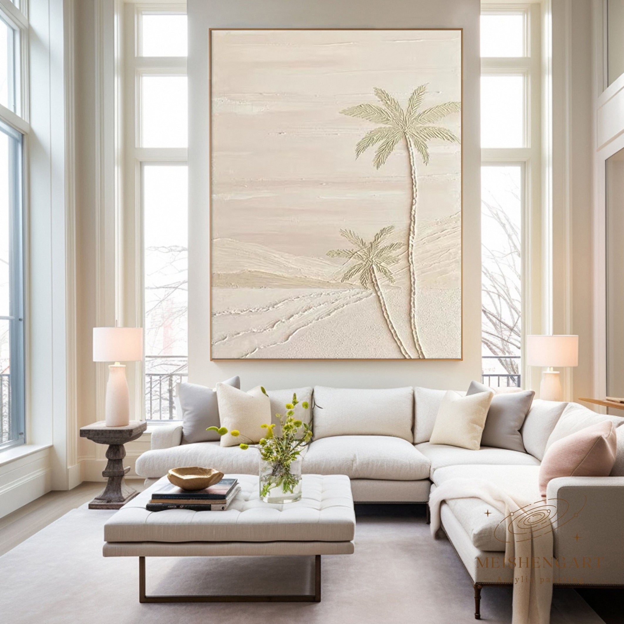 Sandy Palms: Contemporary Neutral Painting, Tactile Beach Scene #MM506