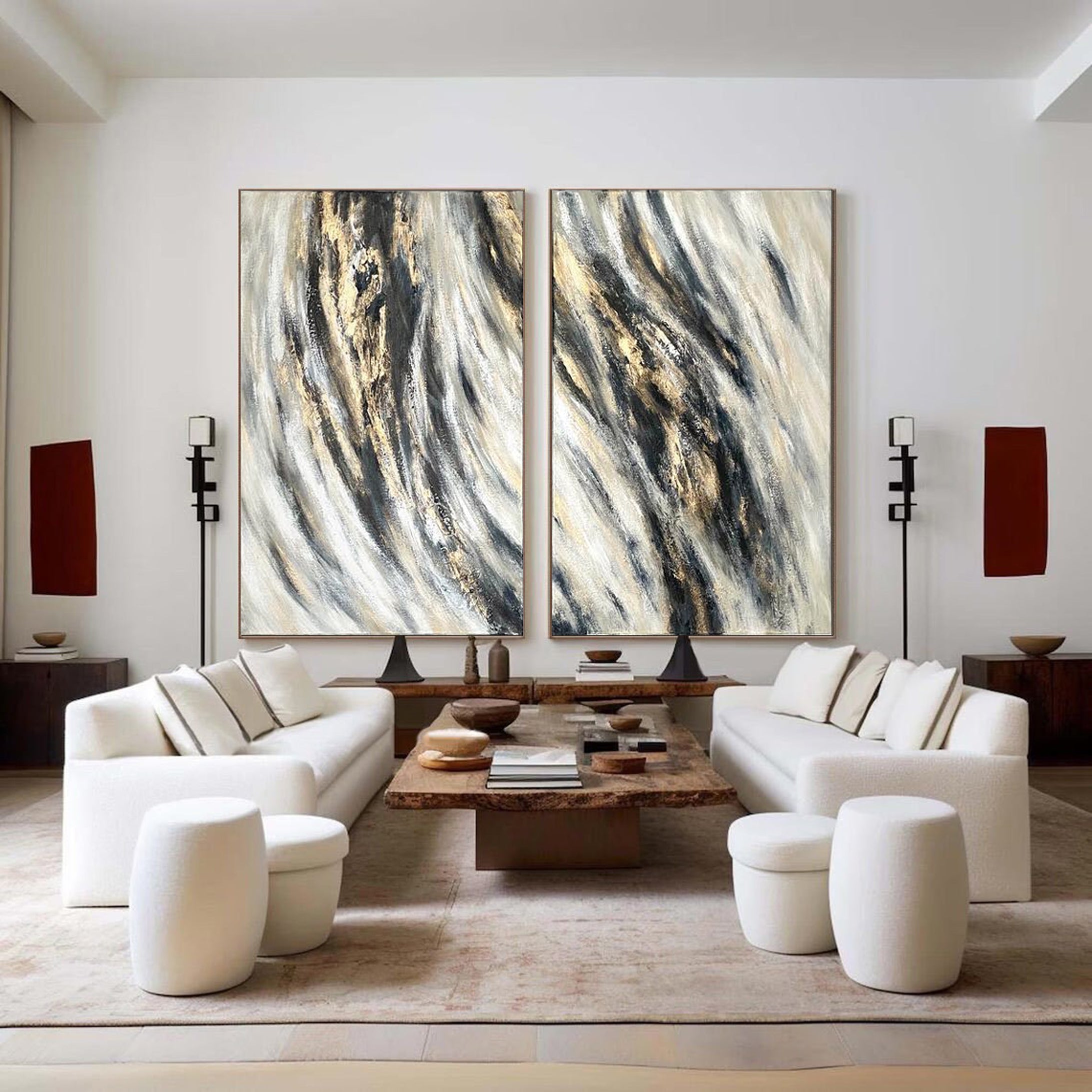 مجموعة فنية جدارية حديثة باللونين الأسود والرمادي، طقم من قطعتين #ABS002