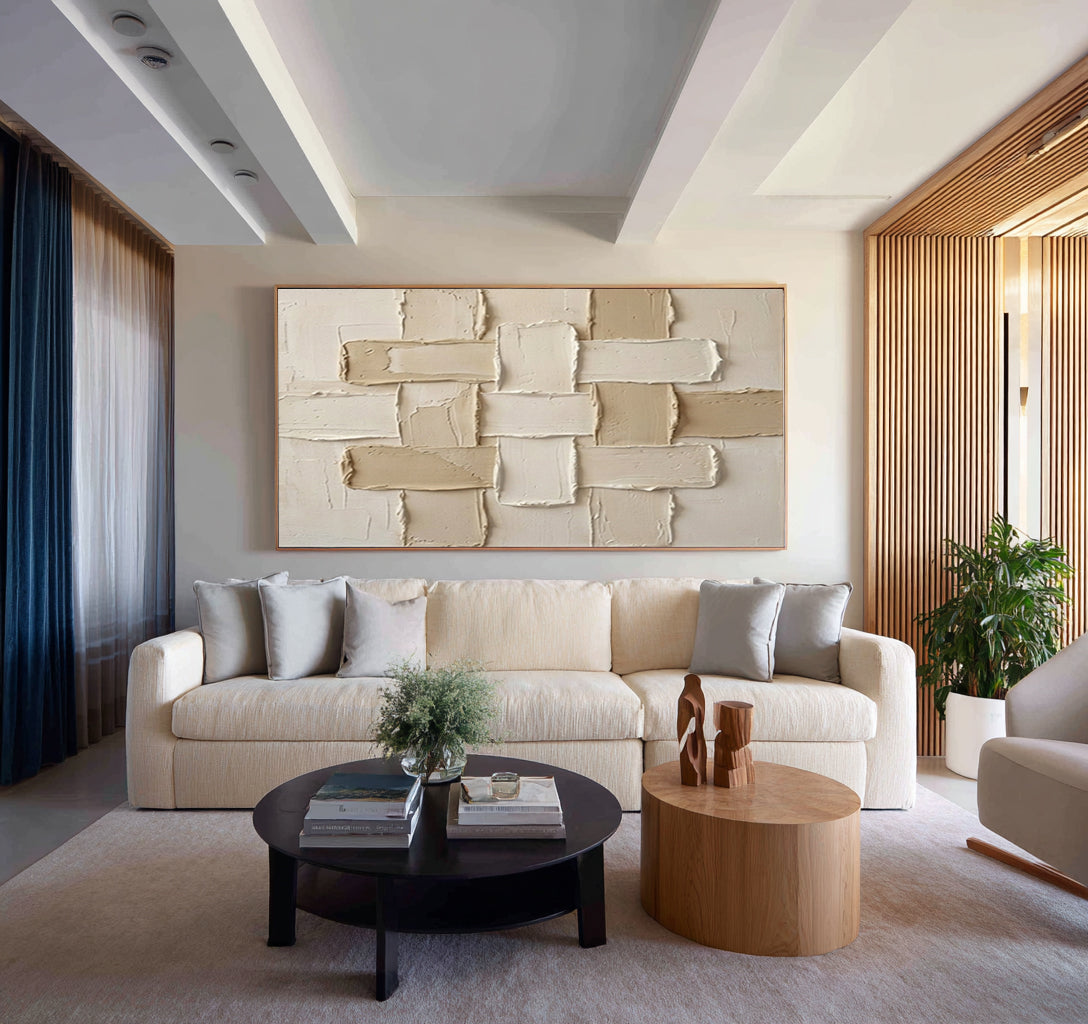 Large Beige Textured Abstract Wall Art Contemporary Neutral Decor