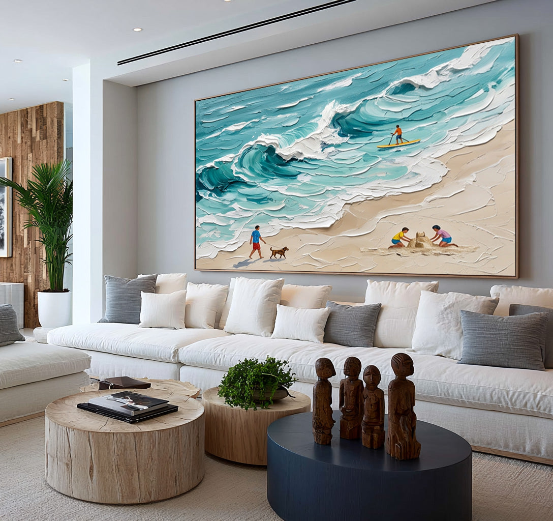 Large Textured Oil Painting Family Beach Scene Turquoise Ocean Coastal Art