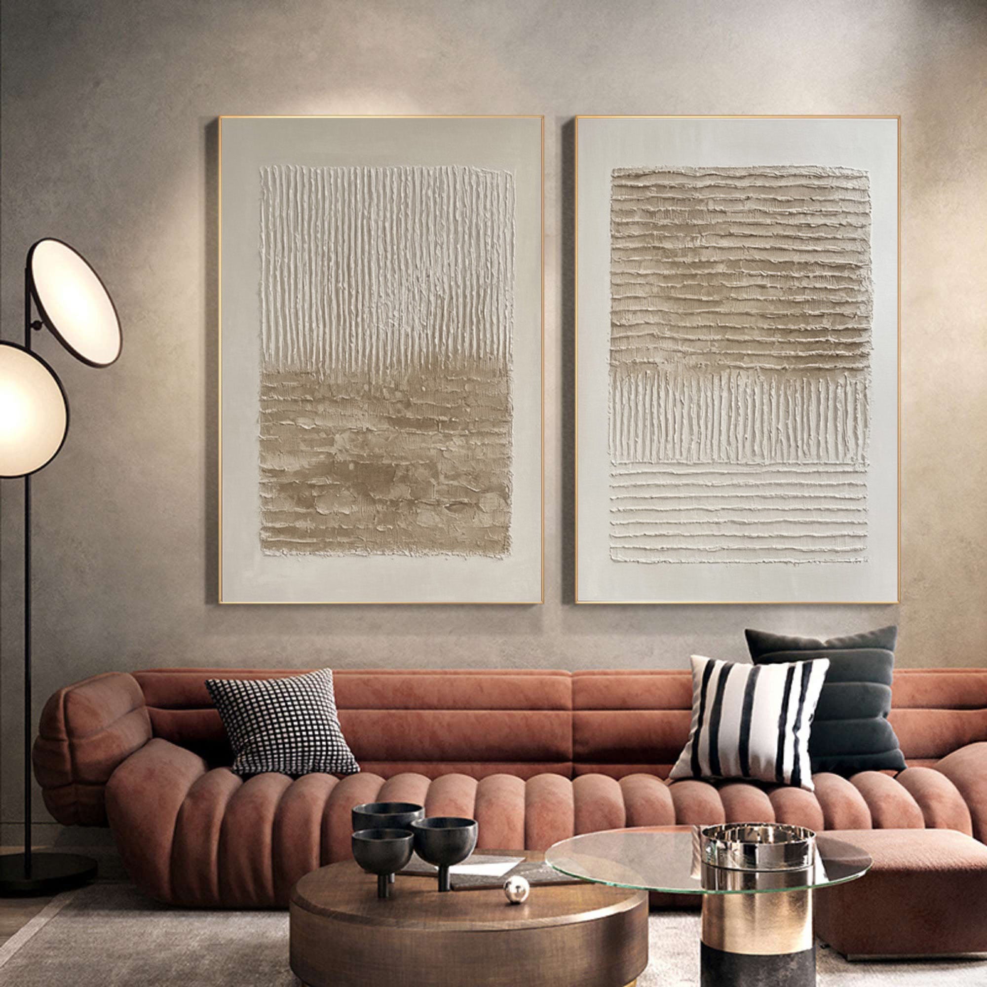 Woven Silence: Minimalist Neutral Set Of 2 with Impasto Lines #MM558