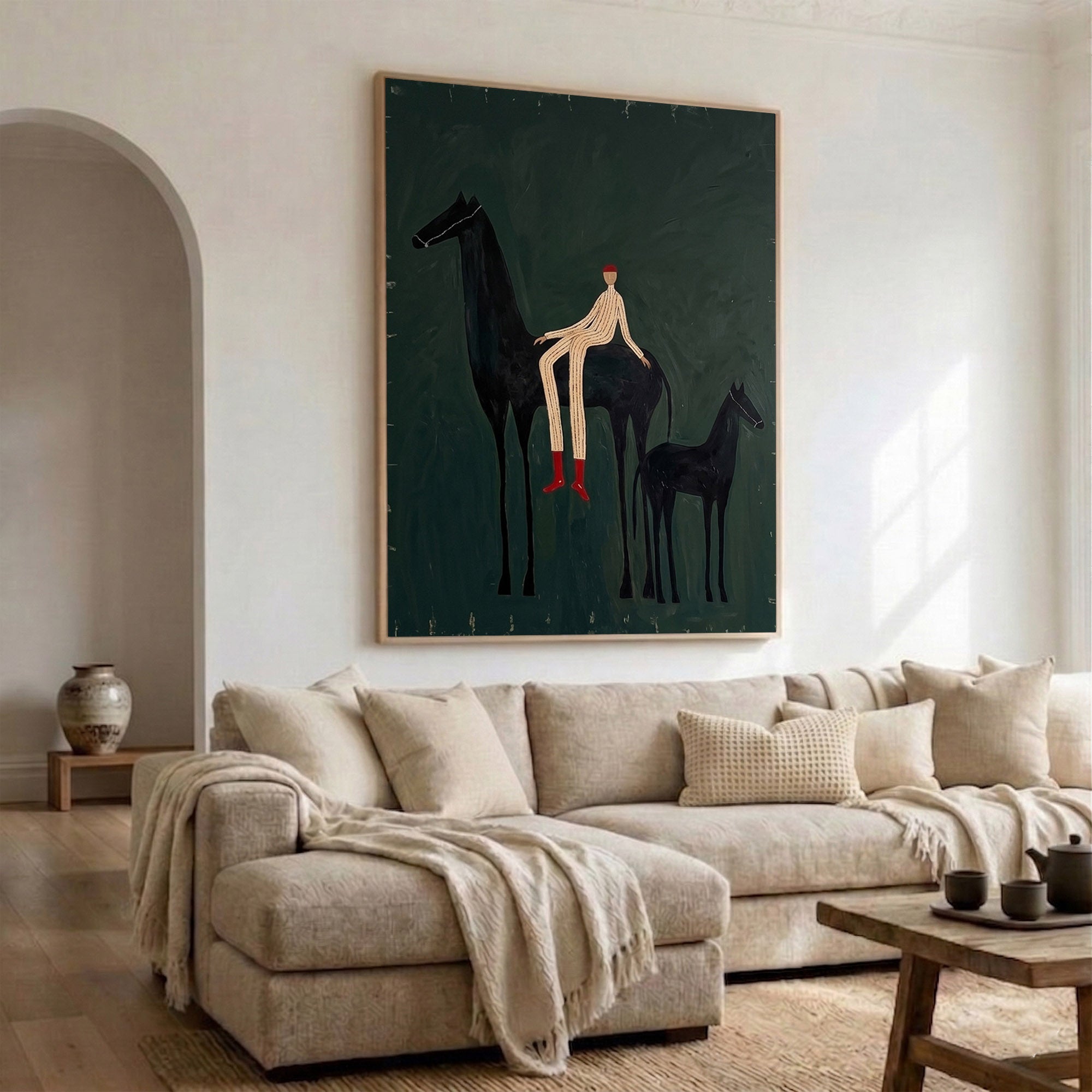 Large Cowboy Horse Wall Art Green Western Equestrian Painting