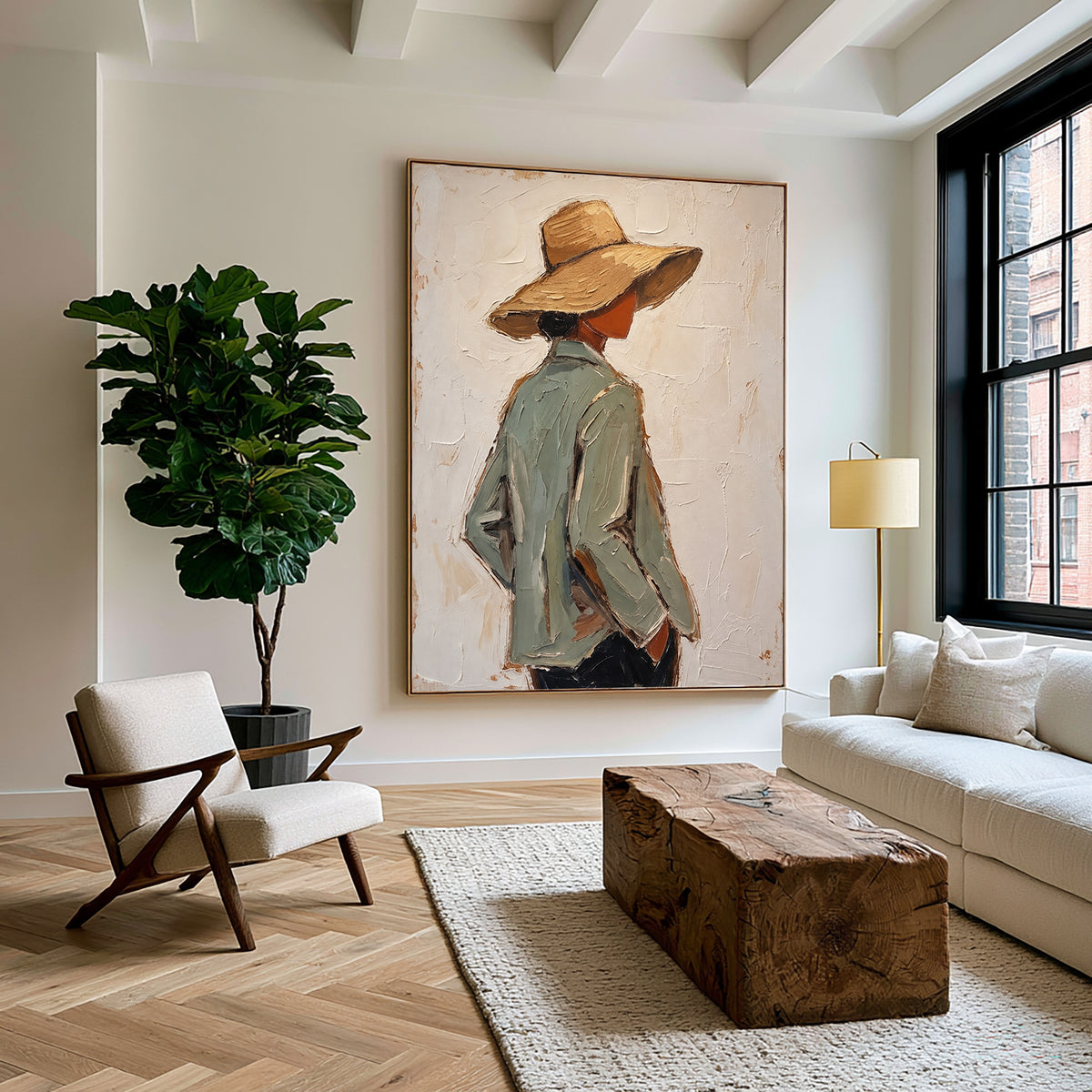 Modern Woman Straw Hat Figurative Painting Contemporary Wall Art