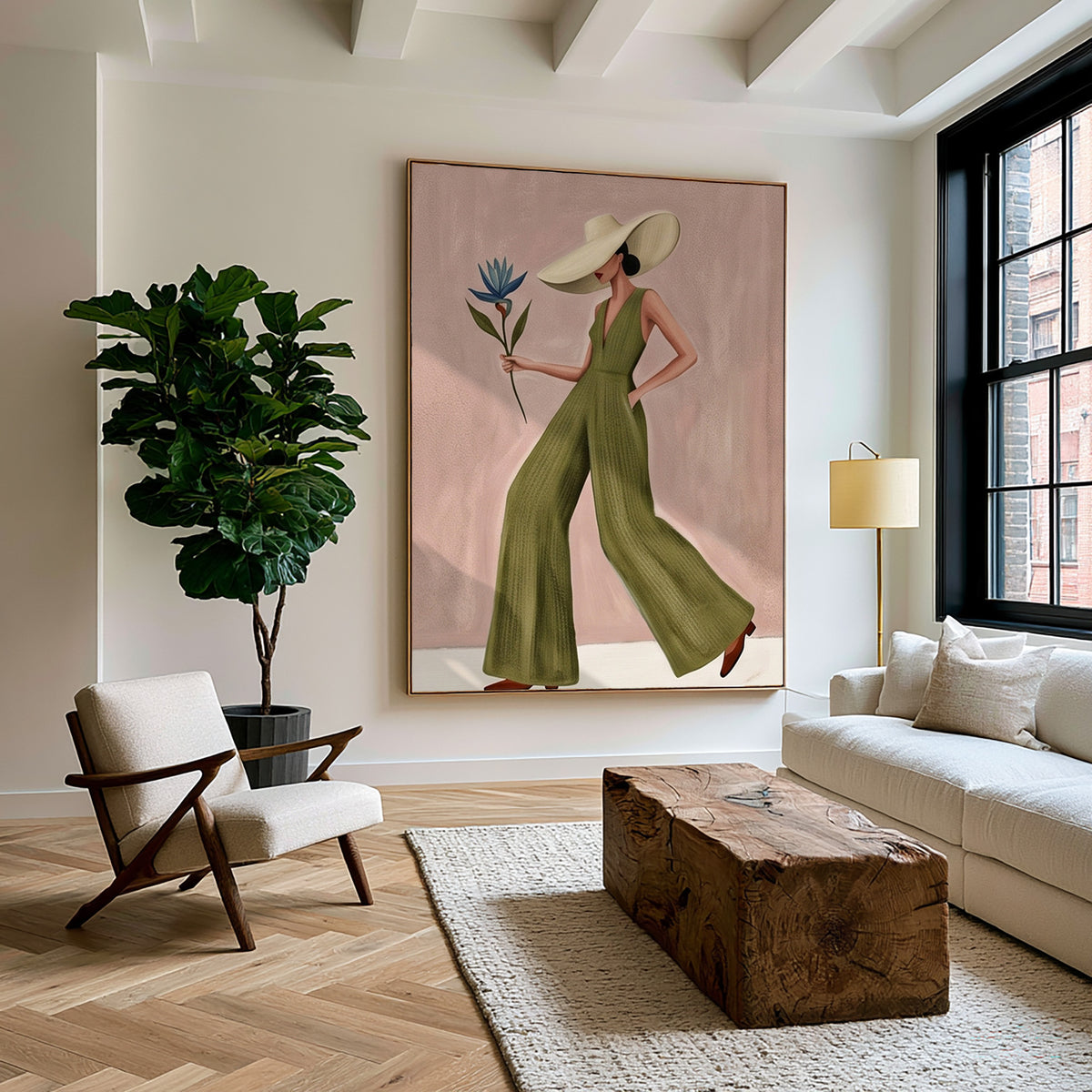 Modern Fashion Woman Painting Green Jumpsuit Wall Art